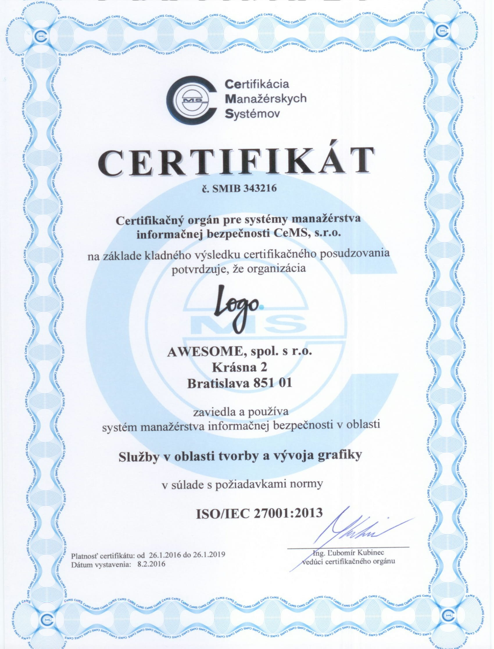 vzor certifikátu ISO 27001 od CeMS