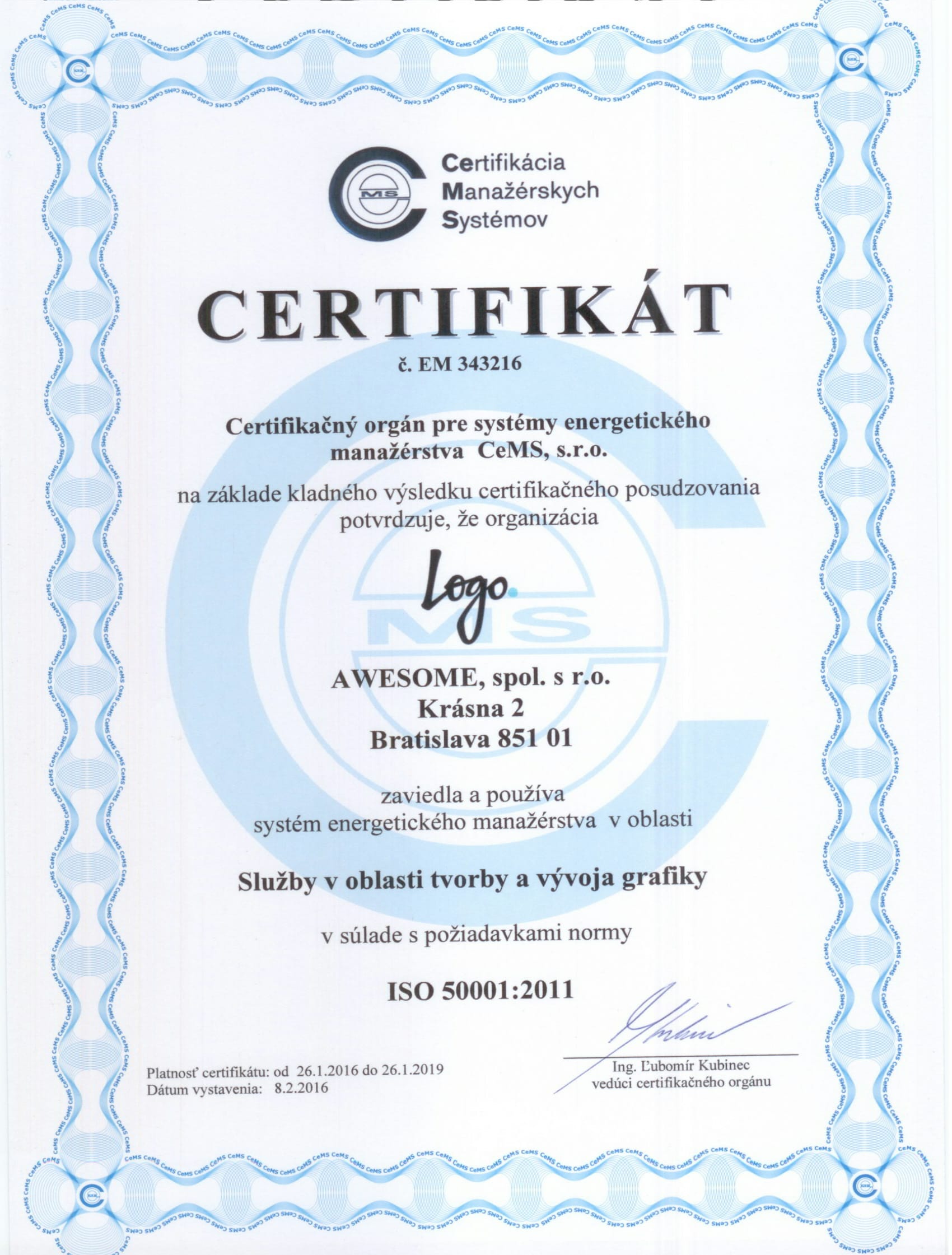 vzor certifikátu ISO 50001 od CeMS