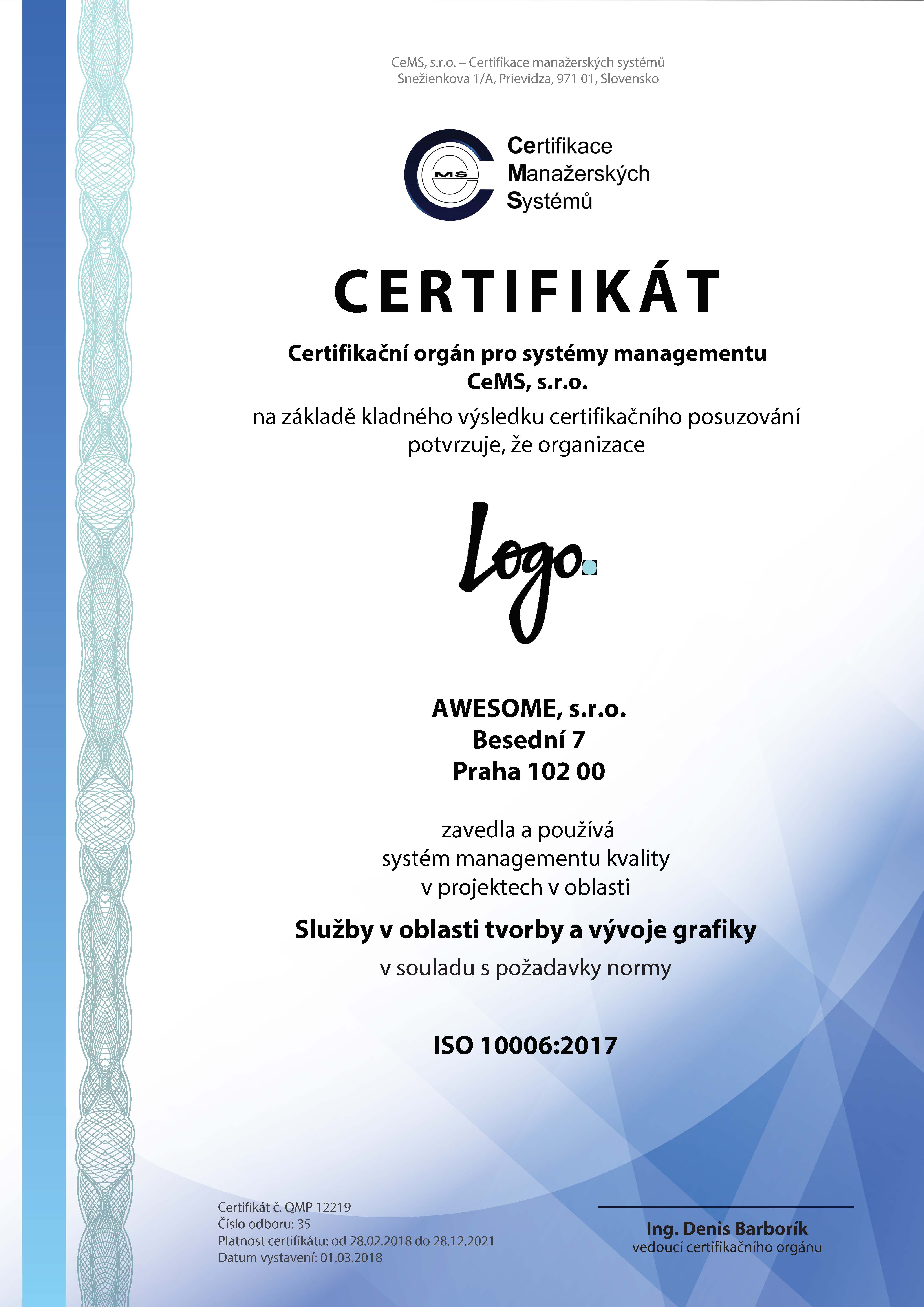 vzor certifikátu ISO 10006 od CeMS