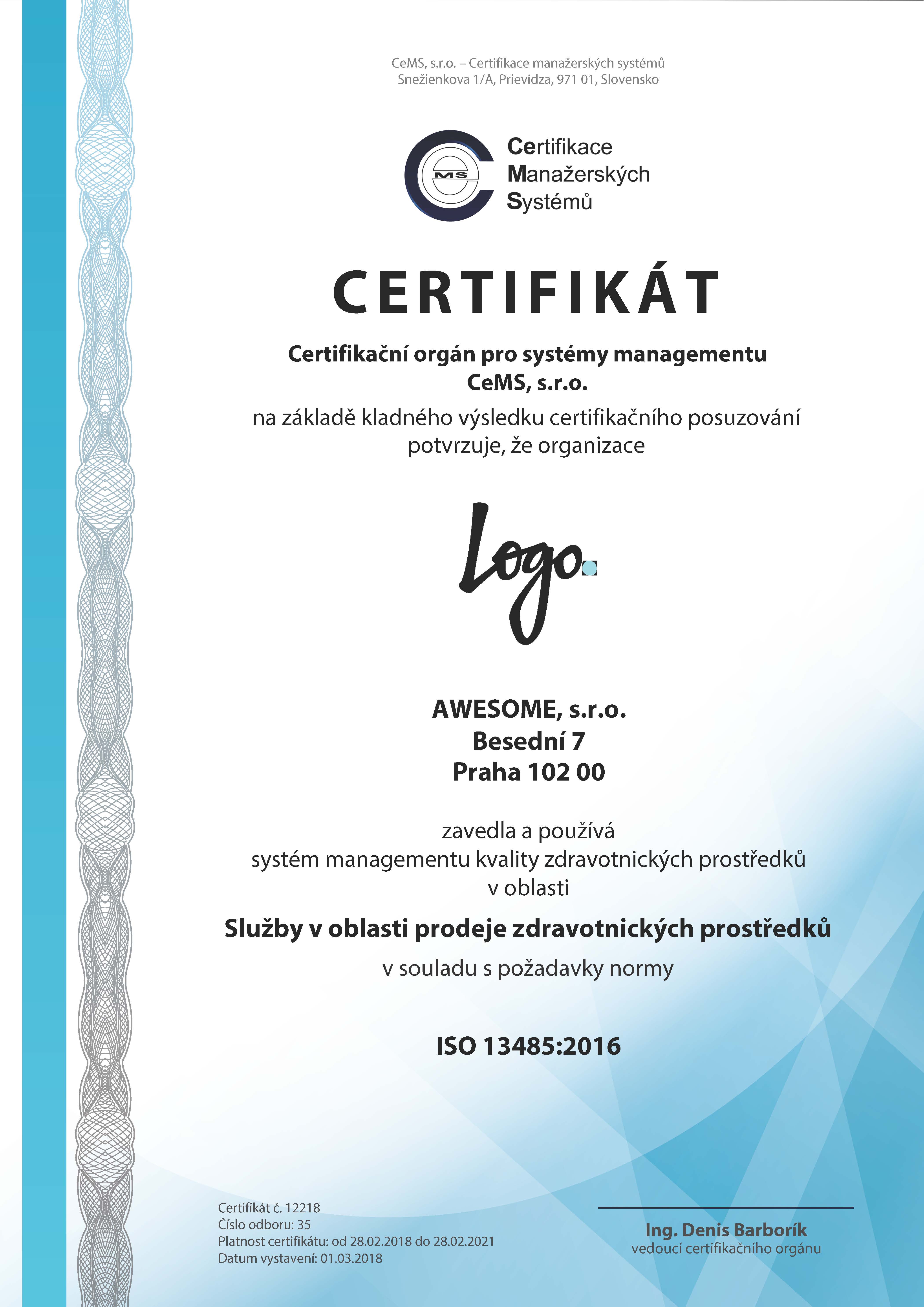 vzor certifikátu ISO 13485 od CeMS