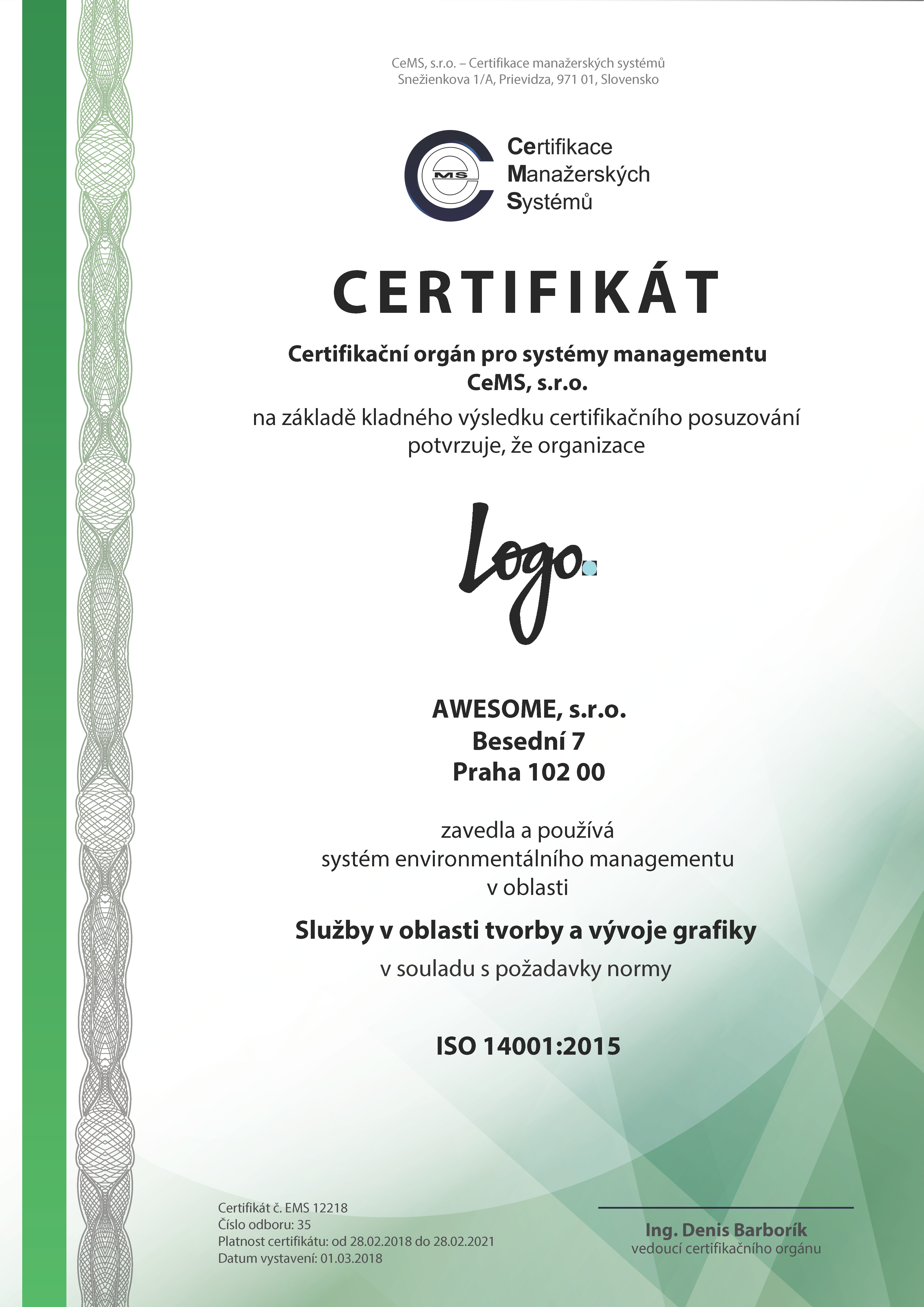 vzor certifikátu ISO 14001 od CeMS