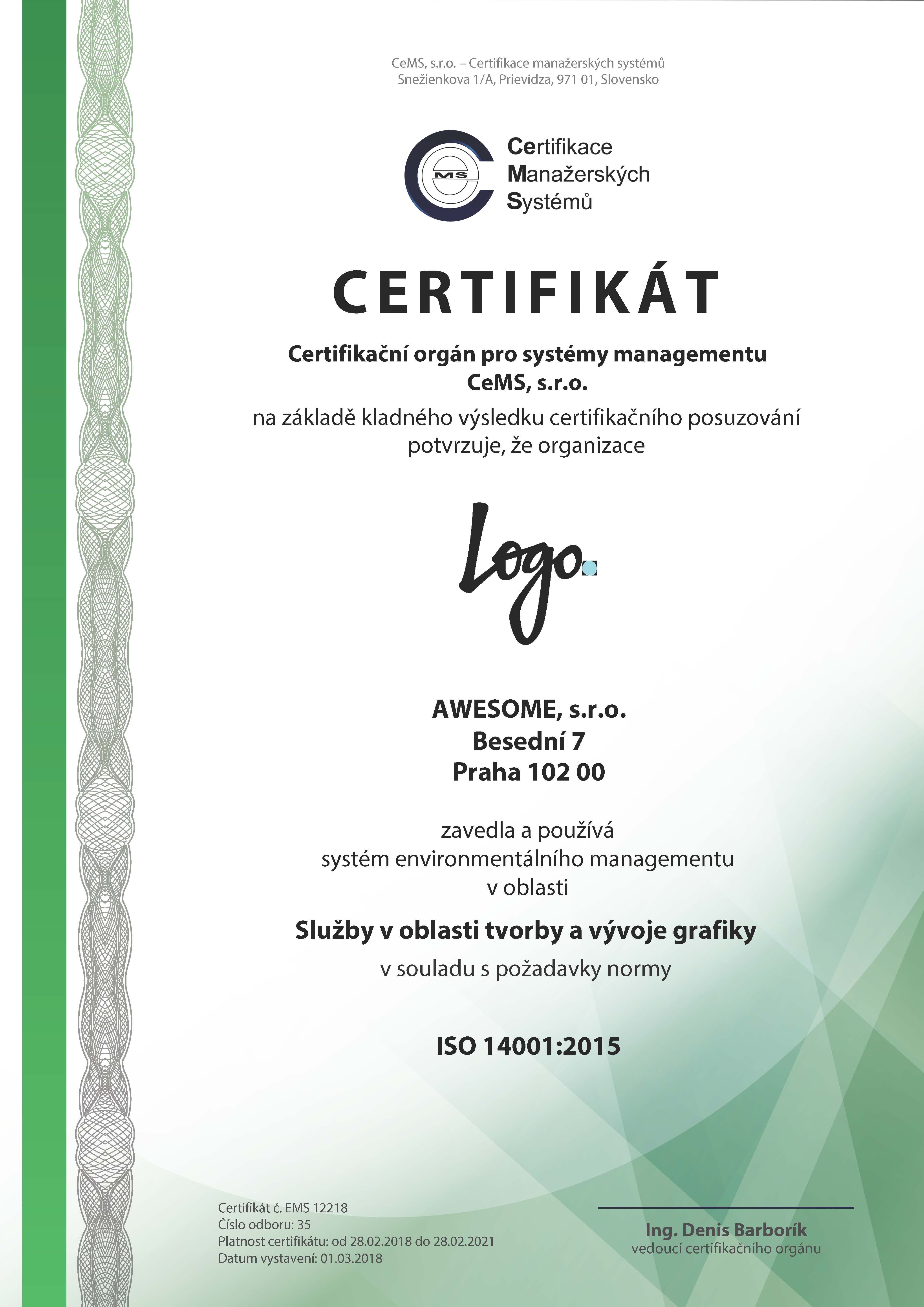 certifikát ISO 14001