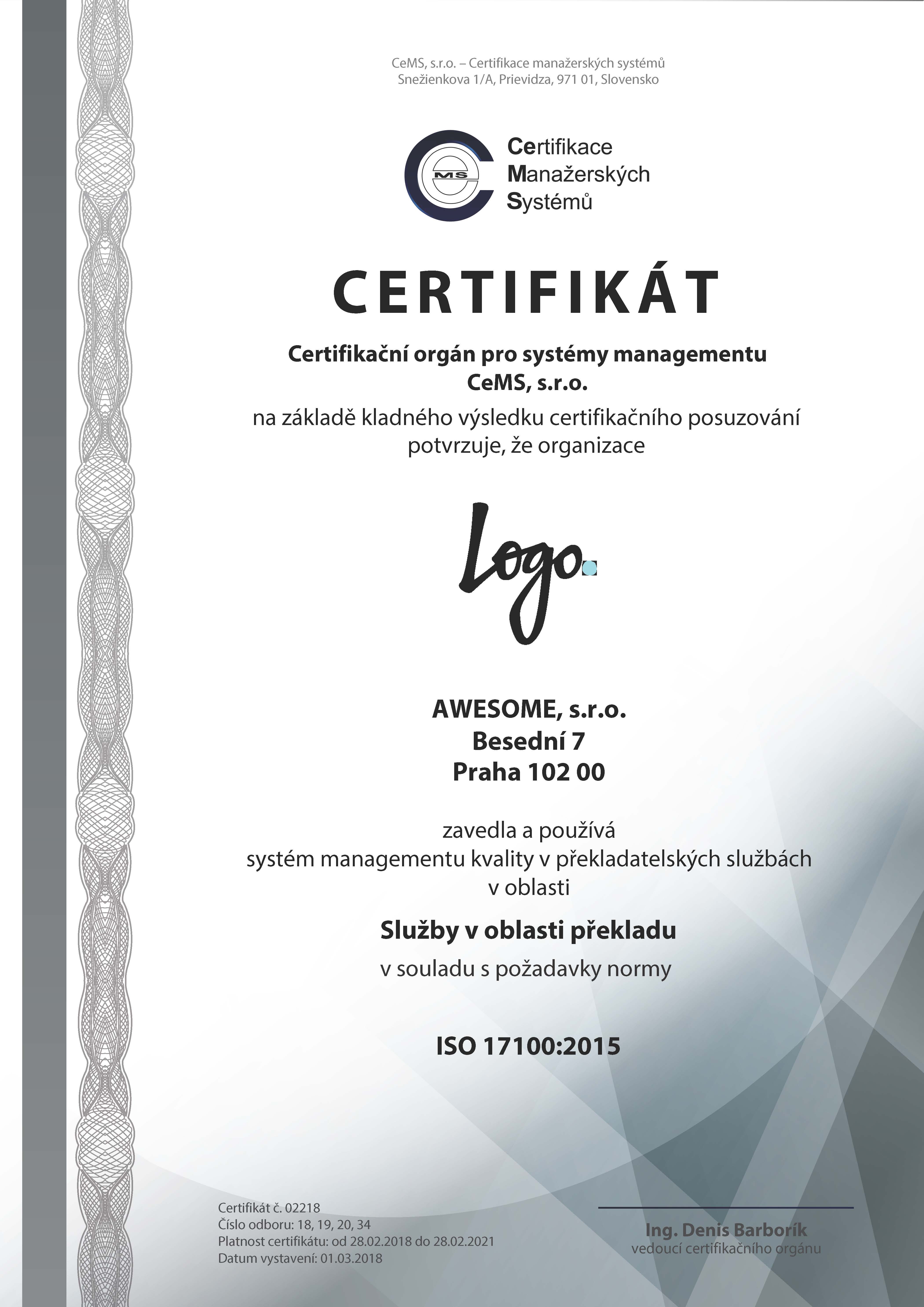 certifikát ISO 17100