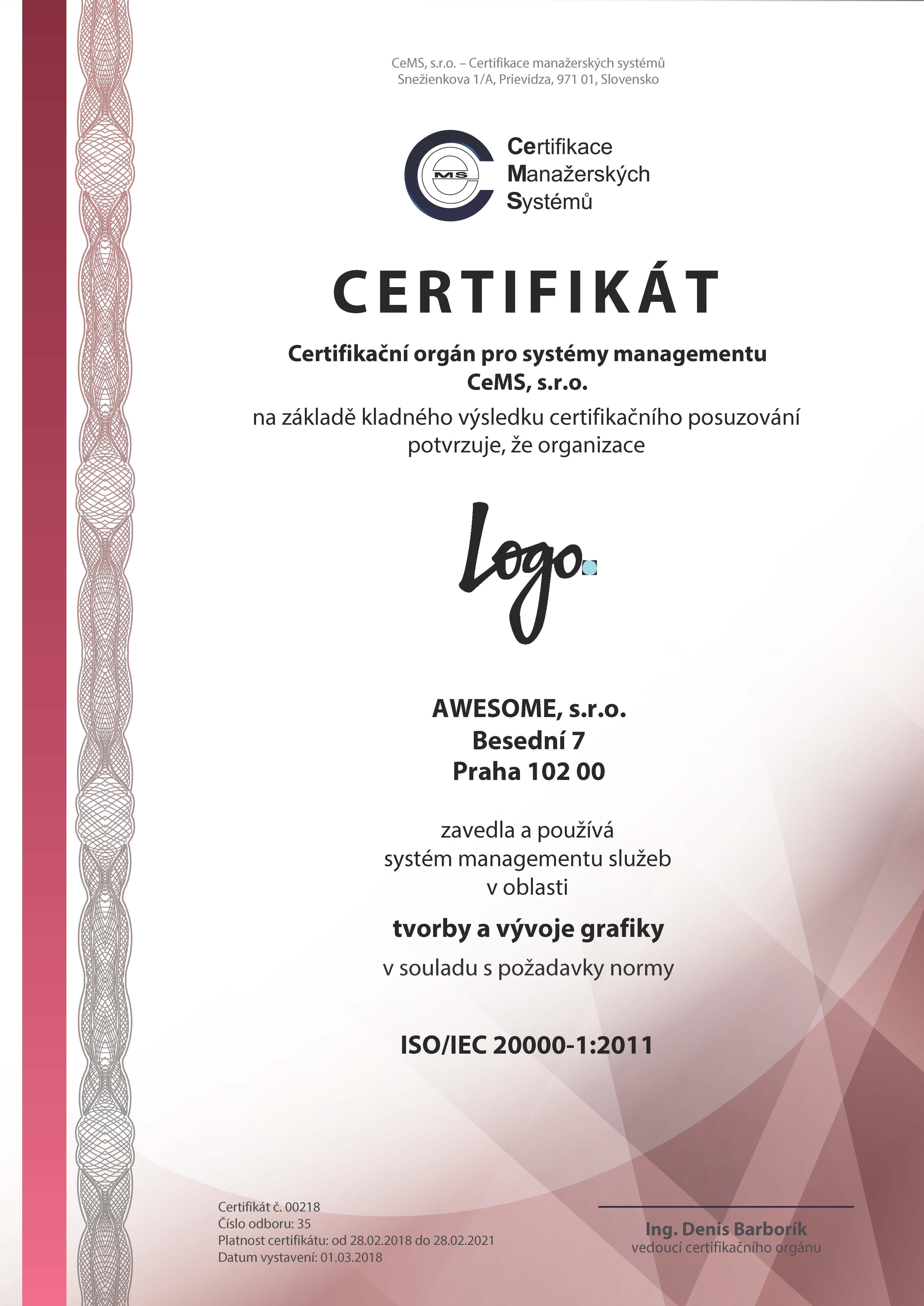 certifikát ISO 20000-1