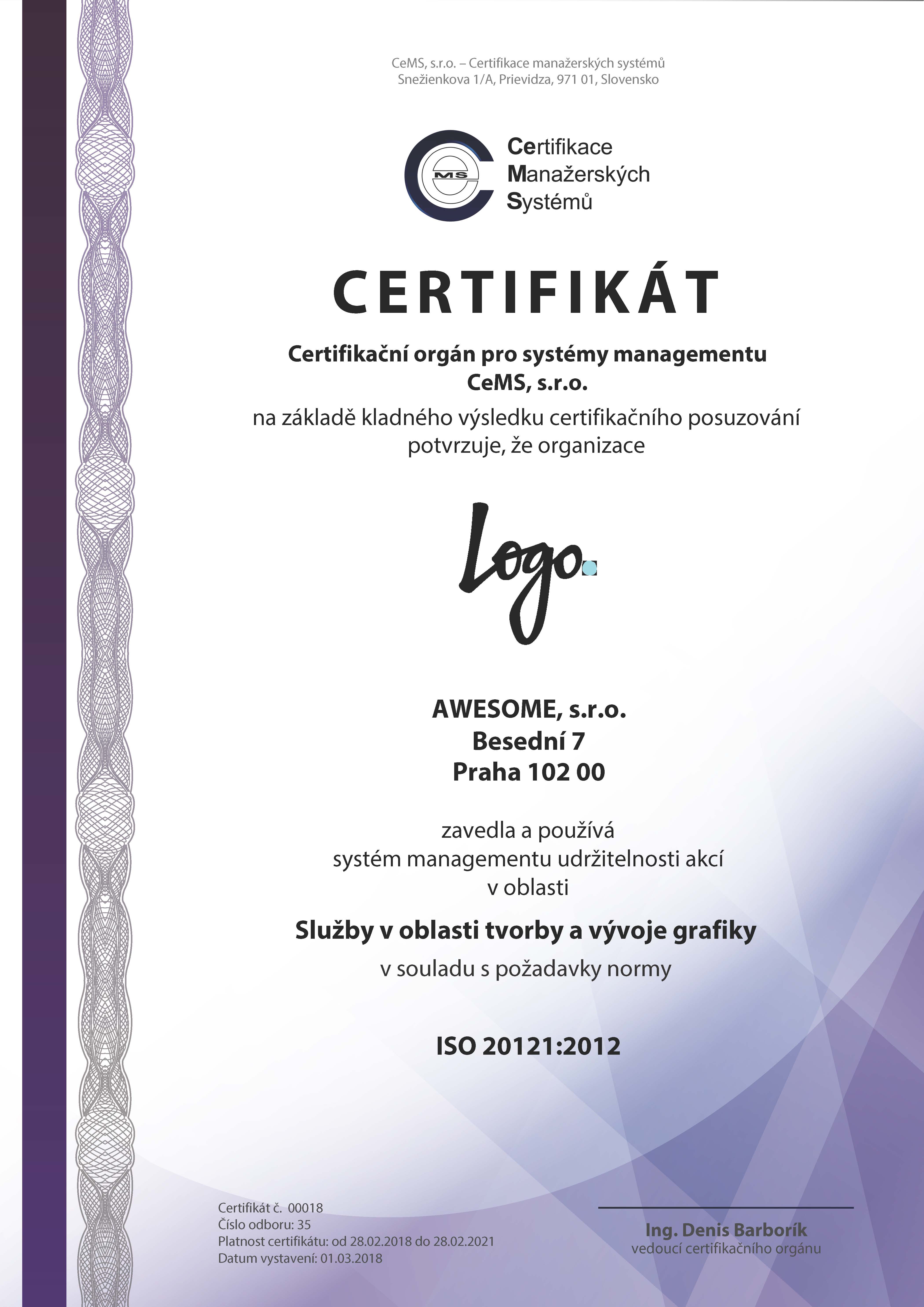 vzor certifikátu ISO 20121 od CeMS