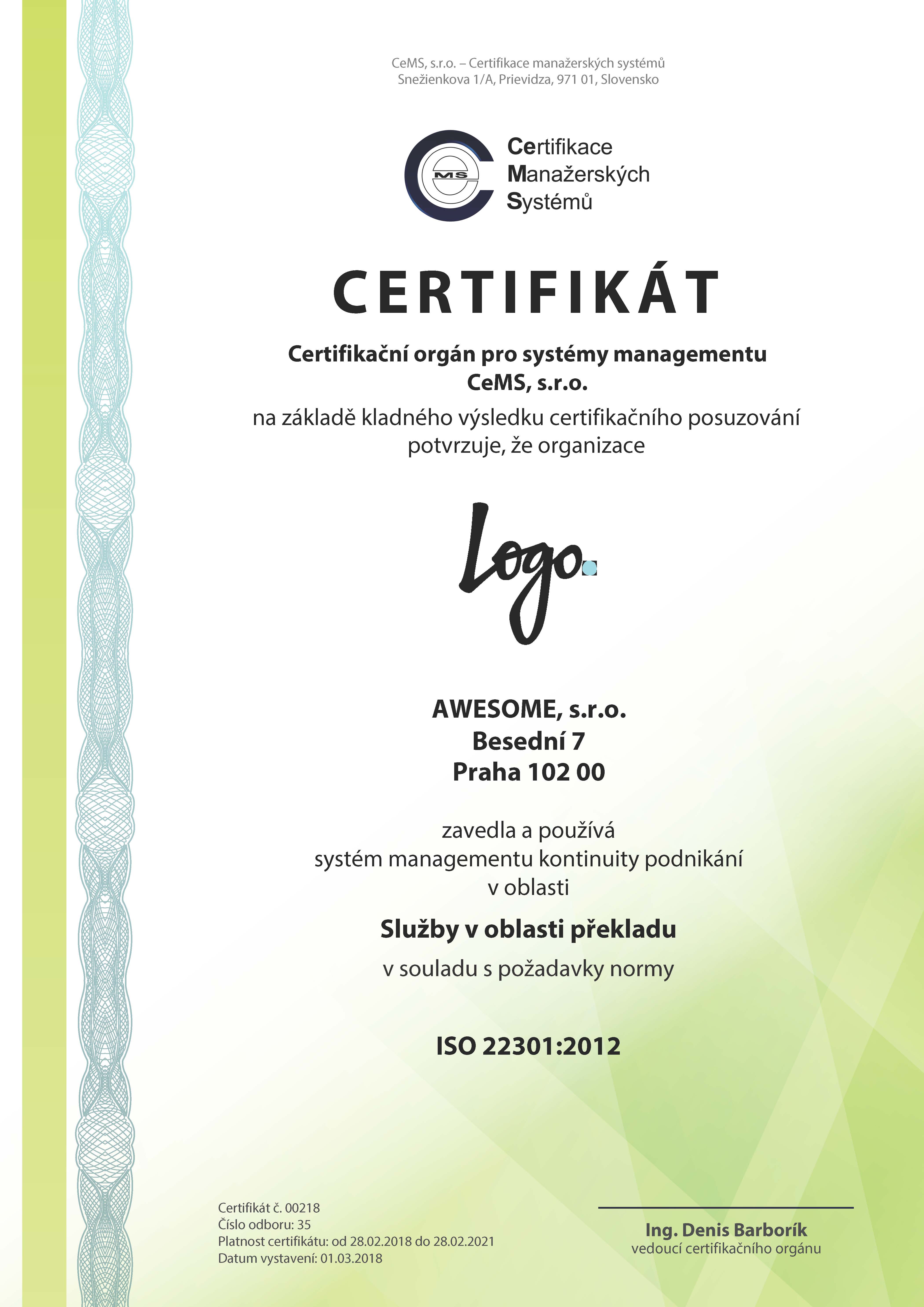 certifikát ISO 22301