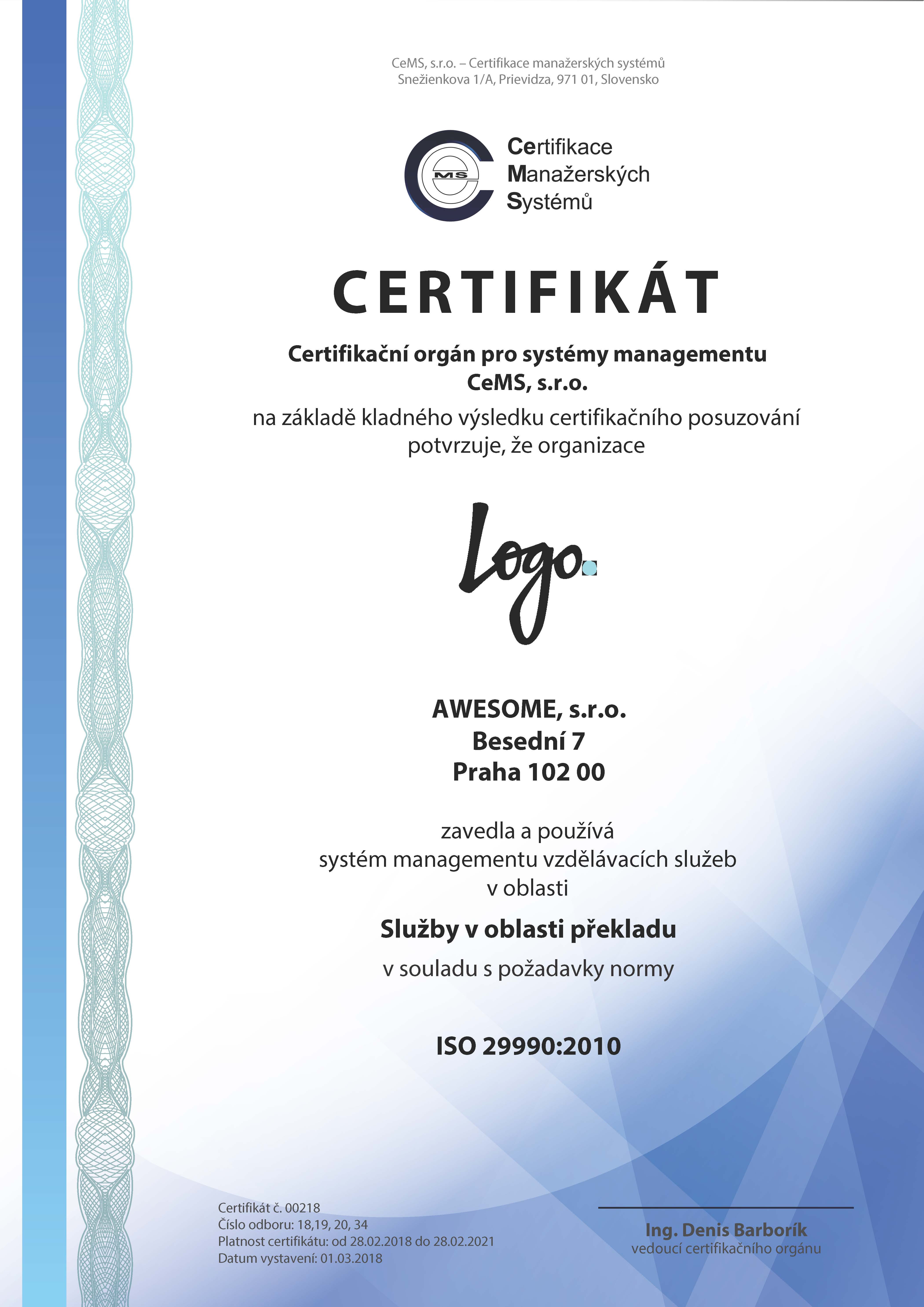 certifikát ISO 29990