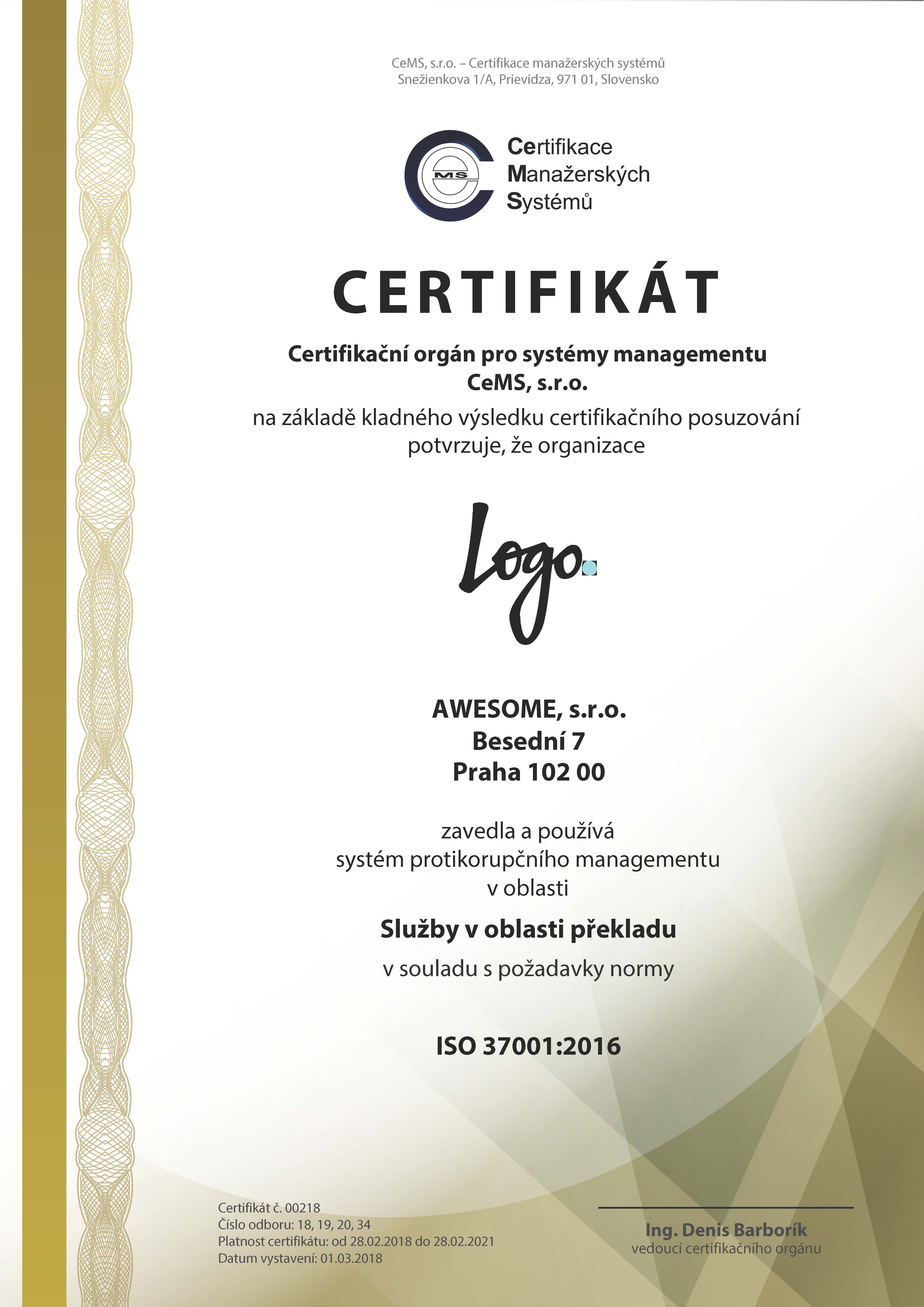 certifikát ISO 37001