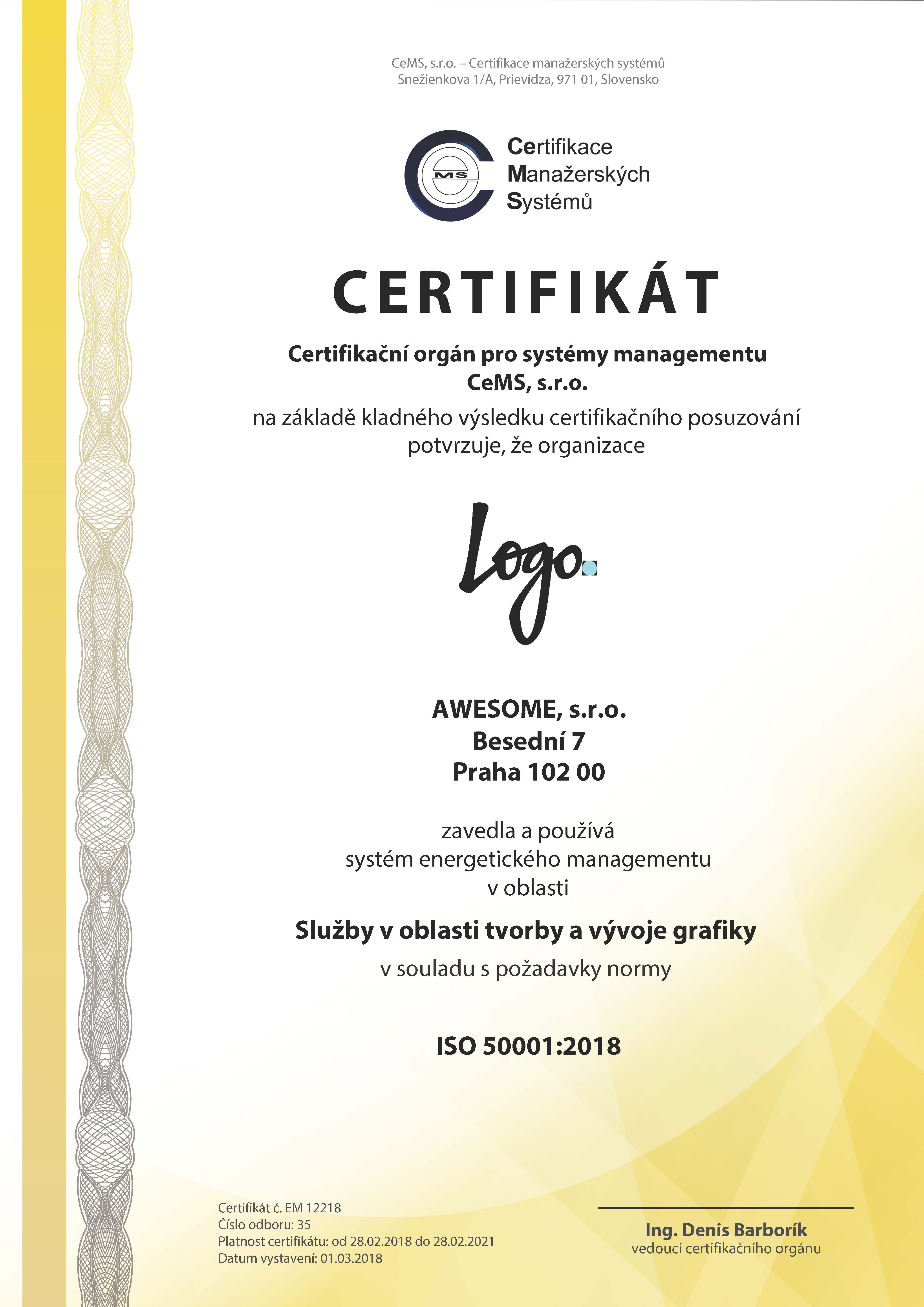 vzor certifikátu ISO 50001 od CeMS
