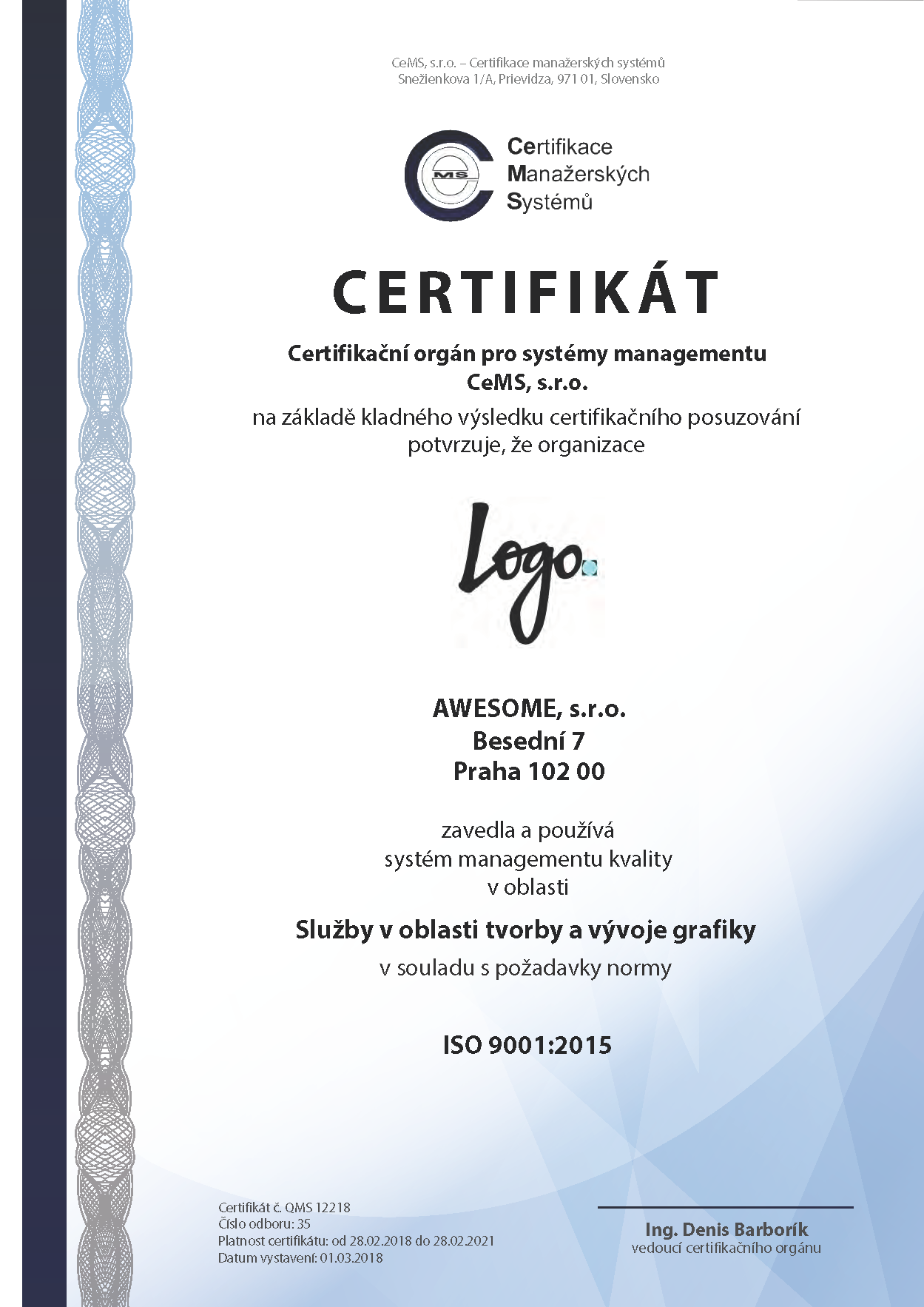 vzor certifikátu ISO 9001 od CeMS