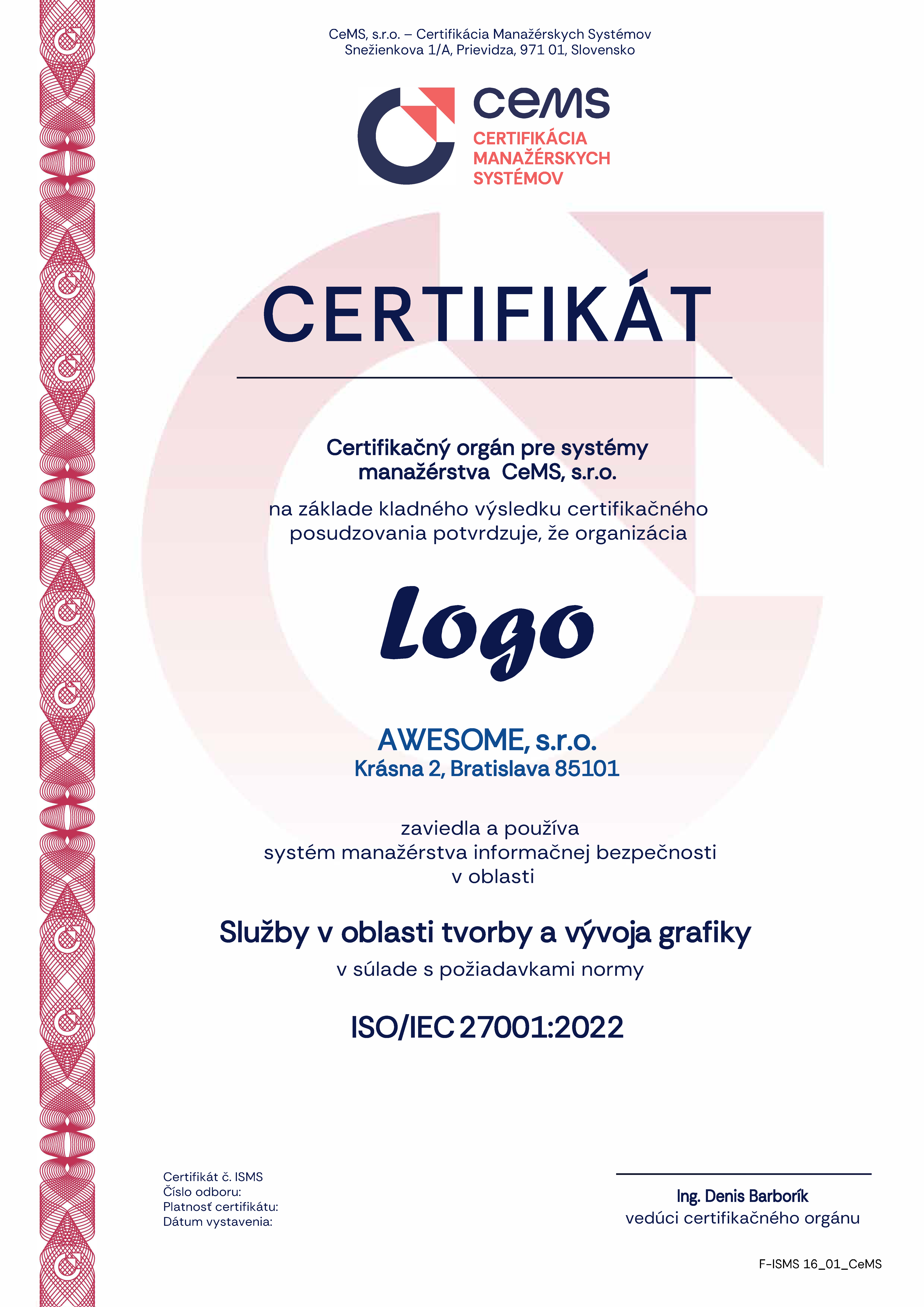 vzor certifikátu ISO 27001 od CeMS