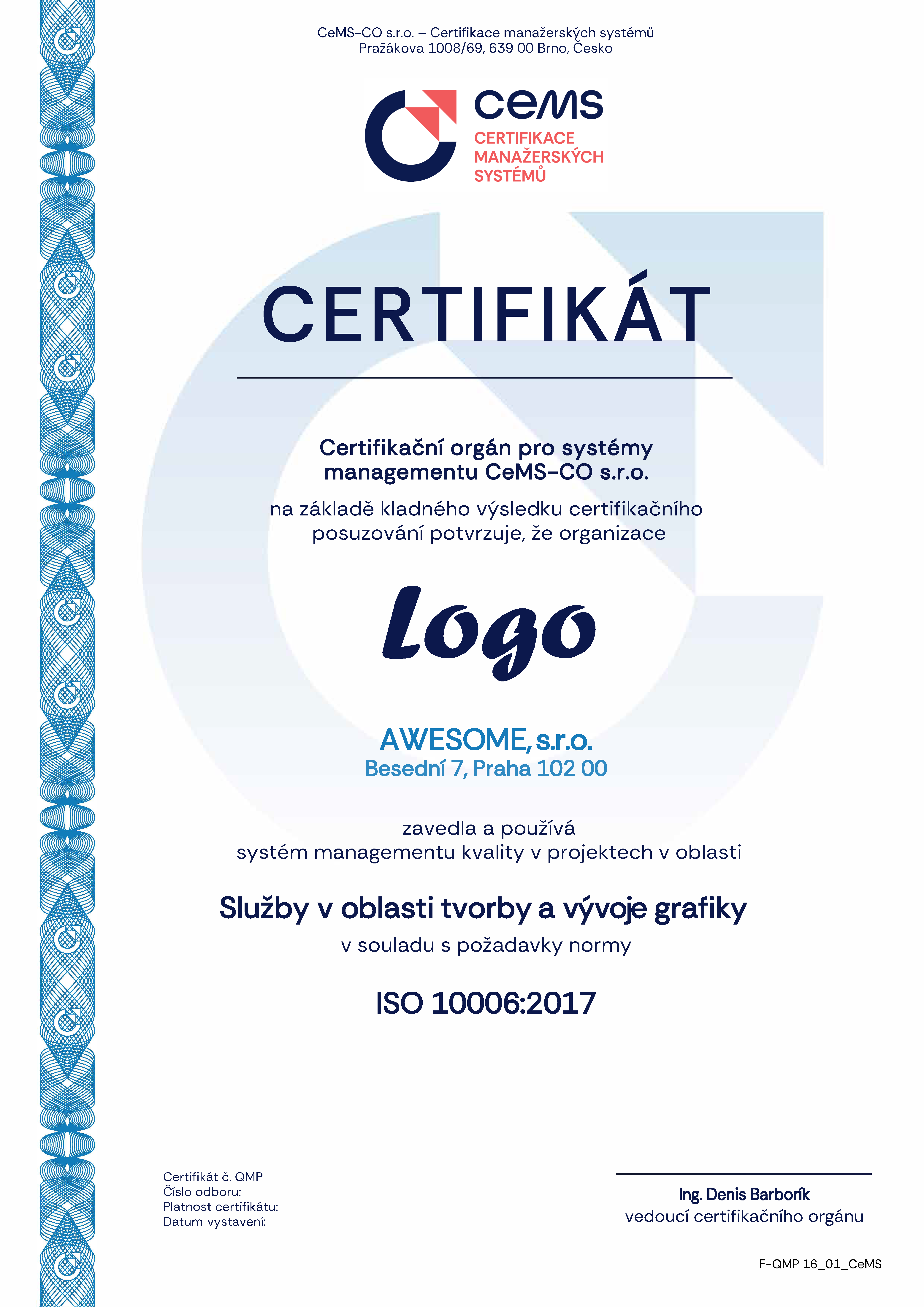 vzor certifikátu ISO 10006 od CeMS