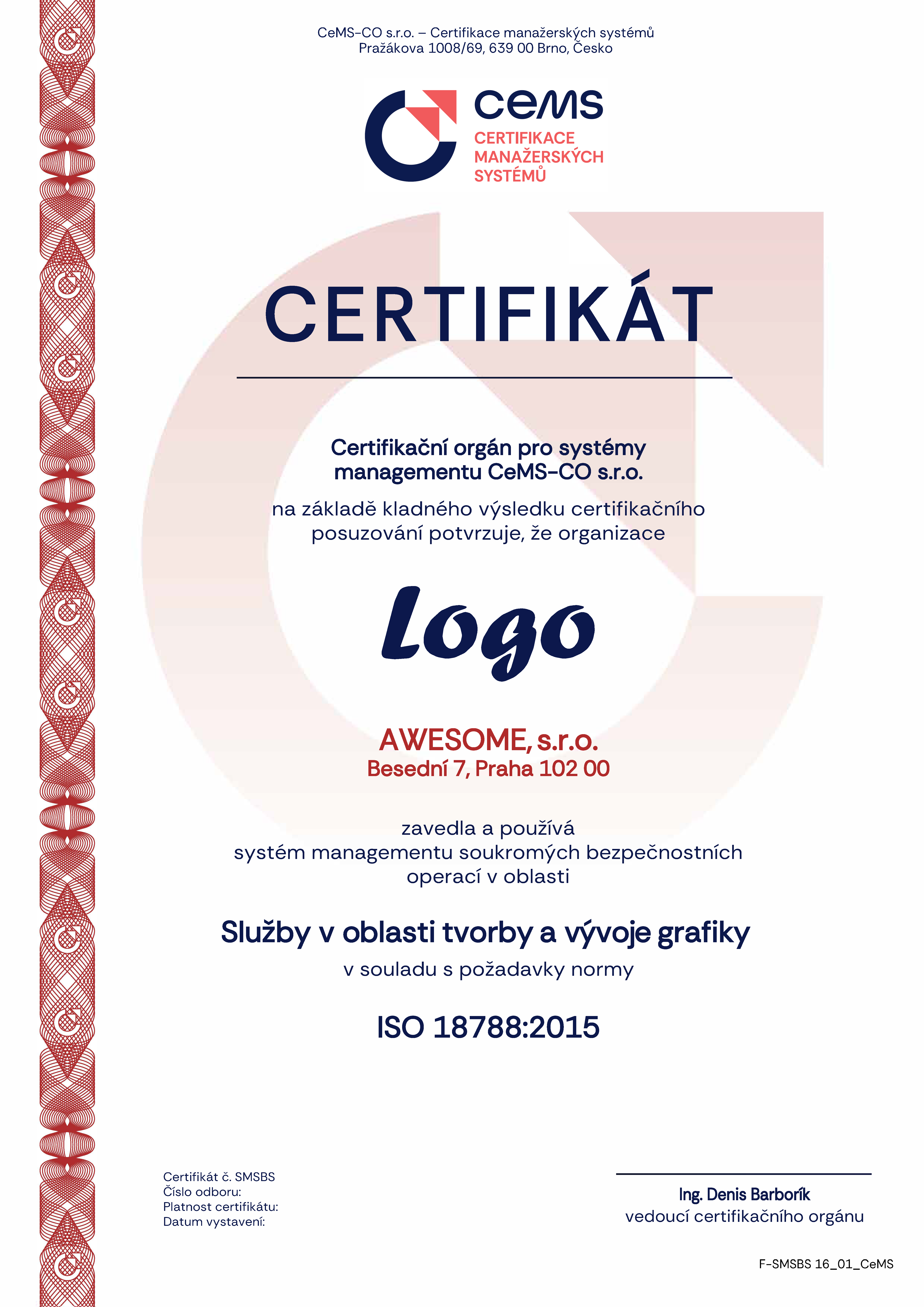 vzor certifikátu ISO 18788 od CeMS