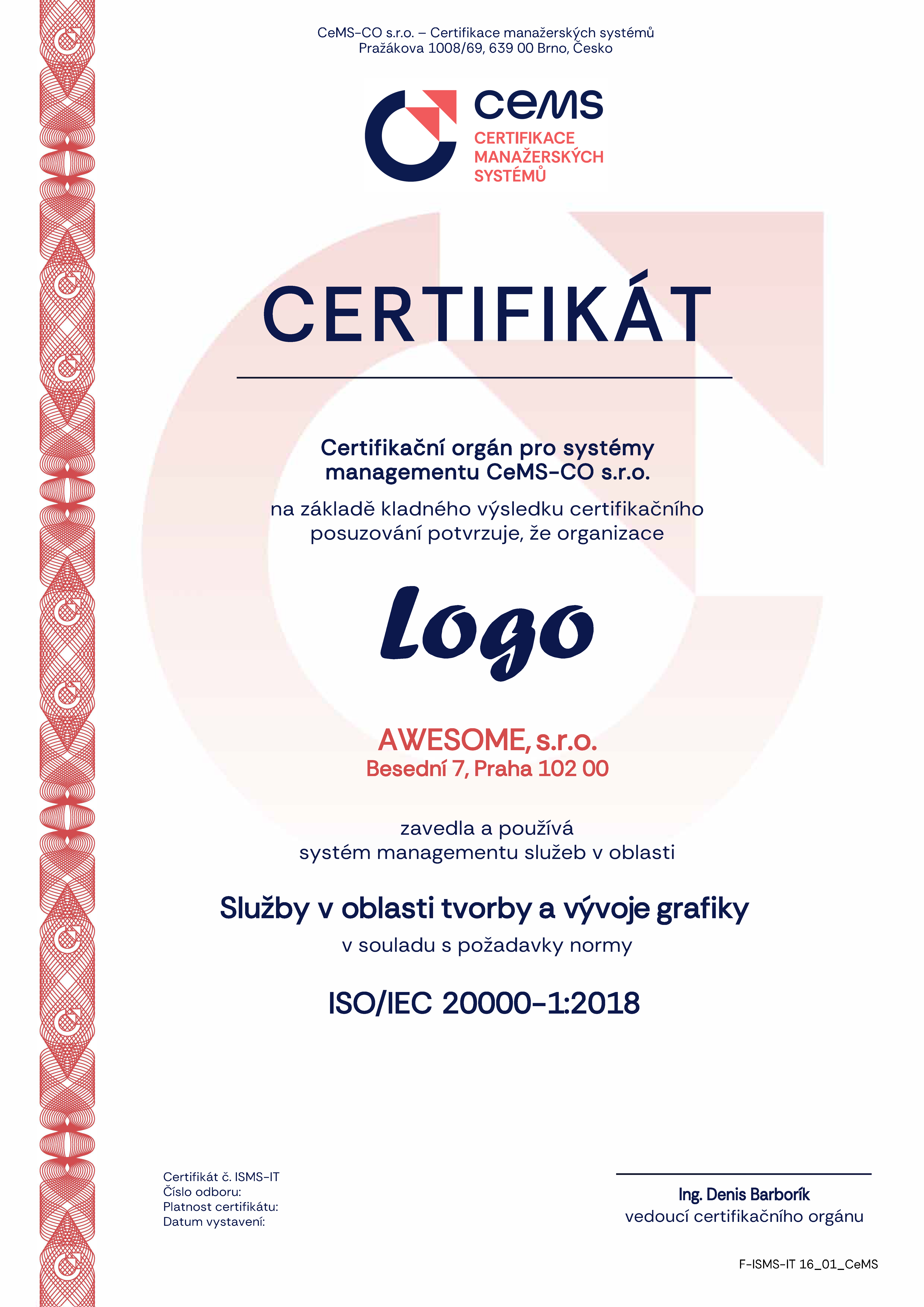 vzor certifikátu ISO 20000-1 od CeMS