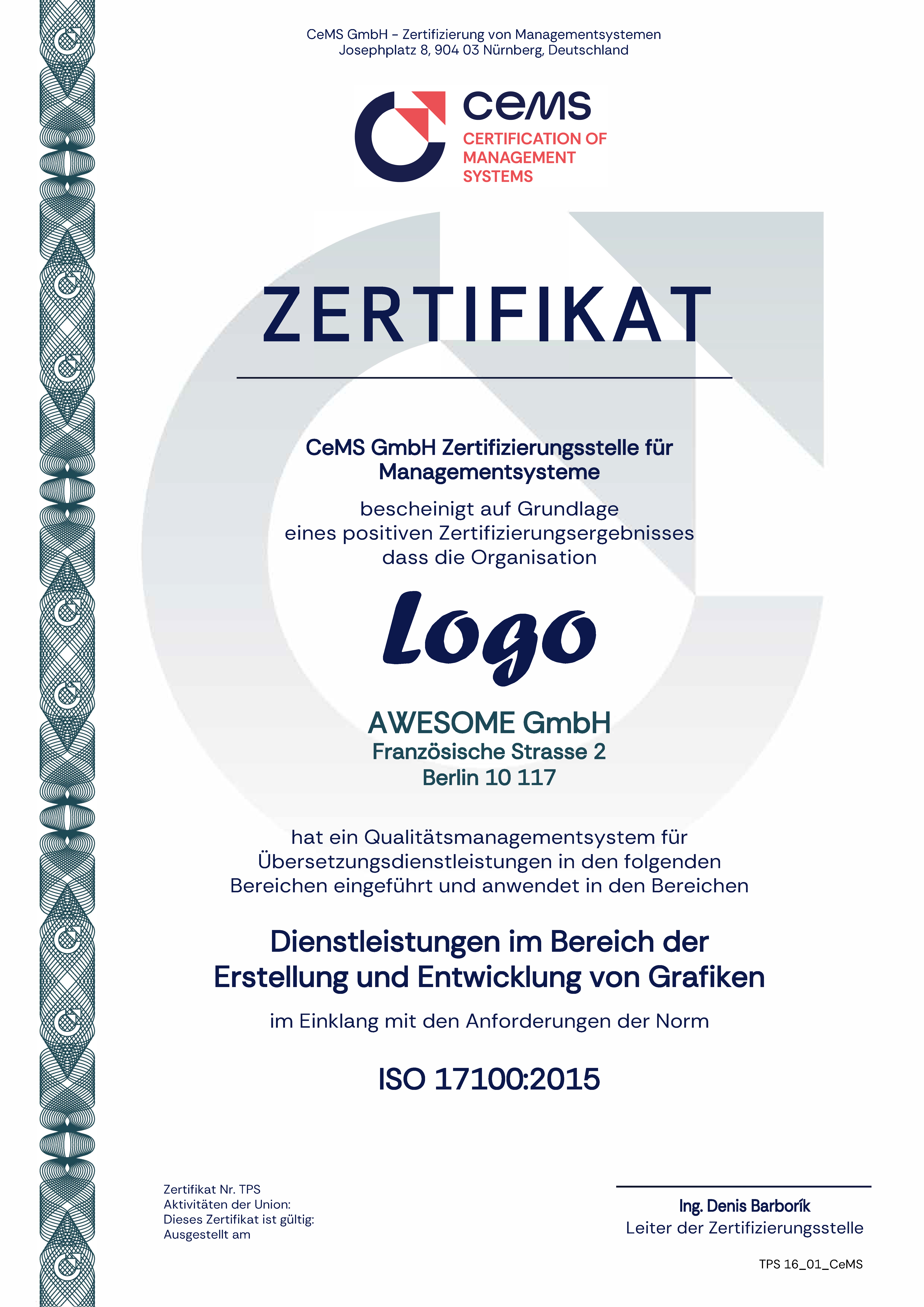 Zertifikat ISO 17100 cems