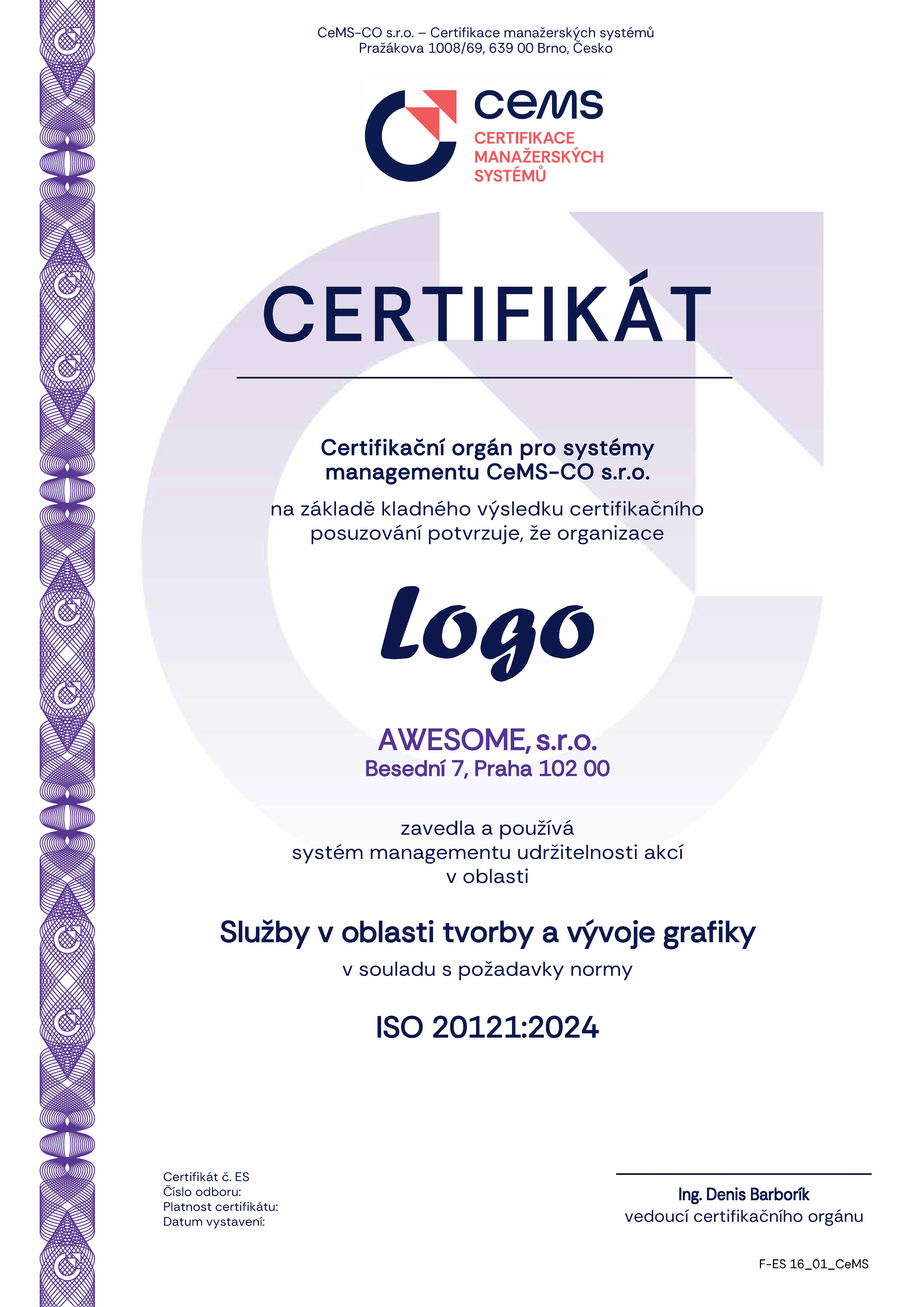 vzor certifikátu ISO 20121 od CeMS