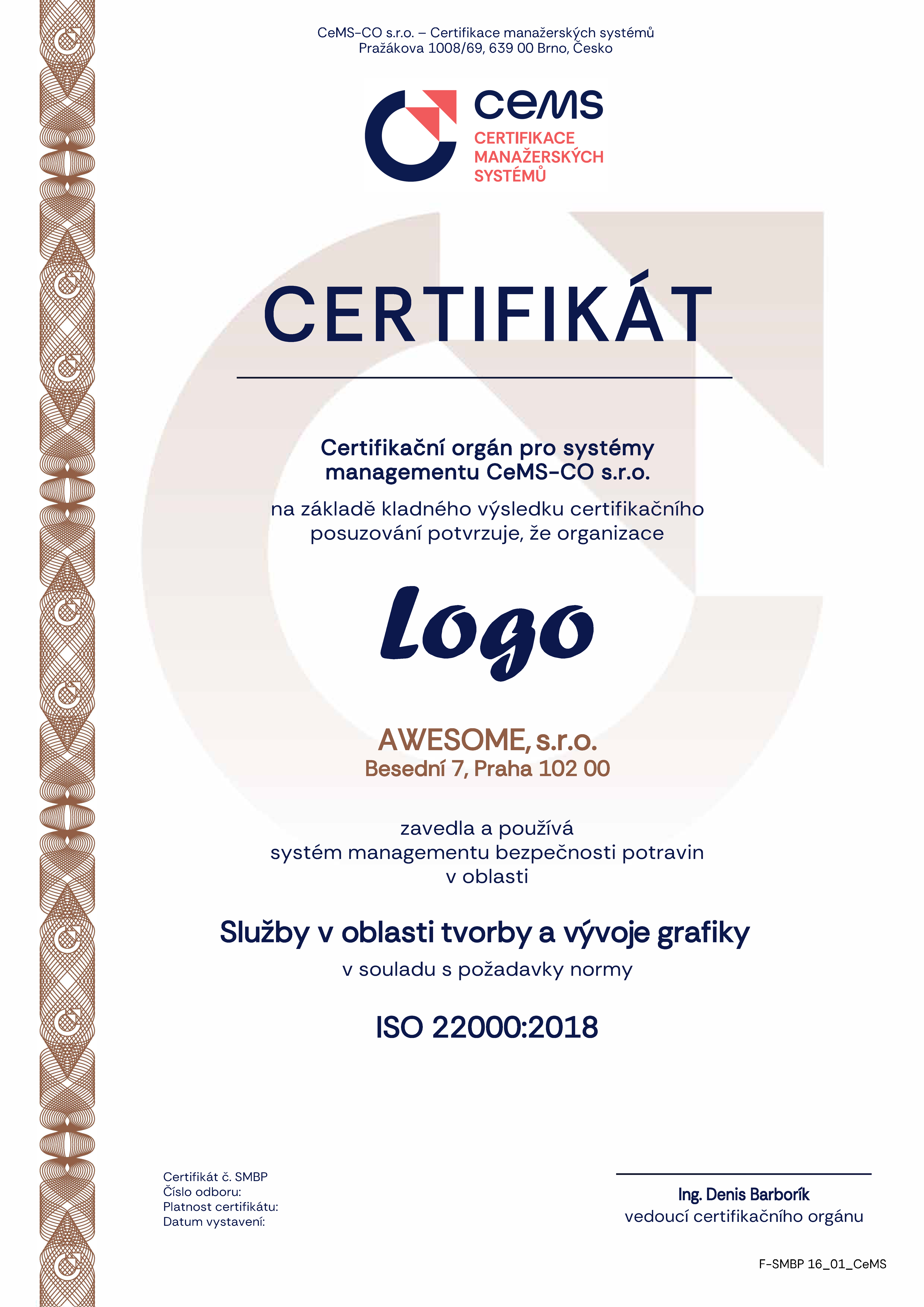 vzor certifikátu ISO 22000 od CeMS