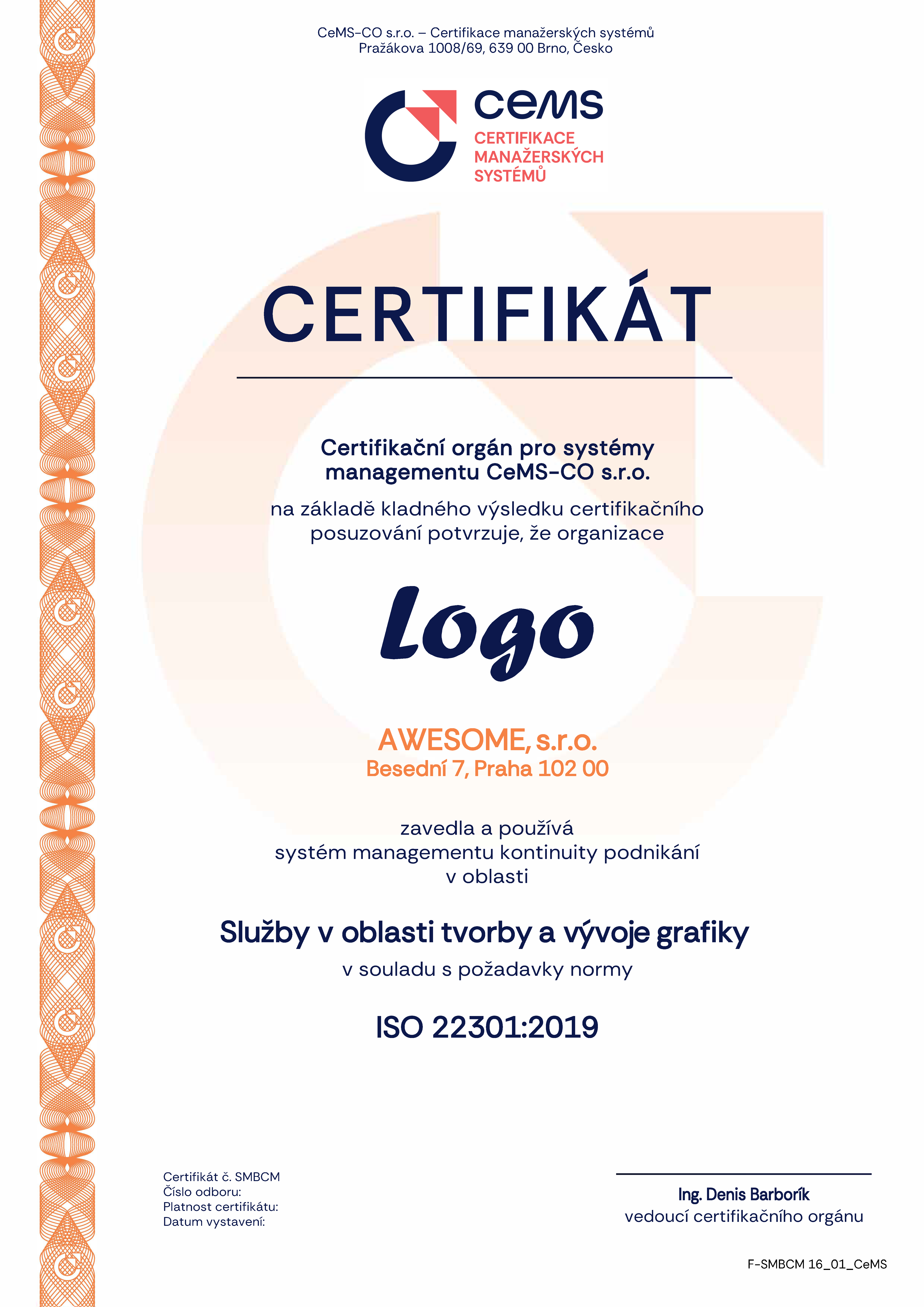 vzor certifikátu ISO 22301 od CeMS