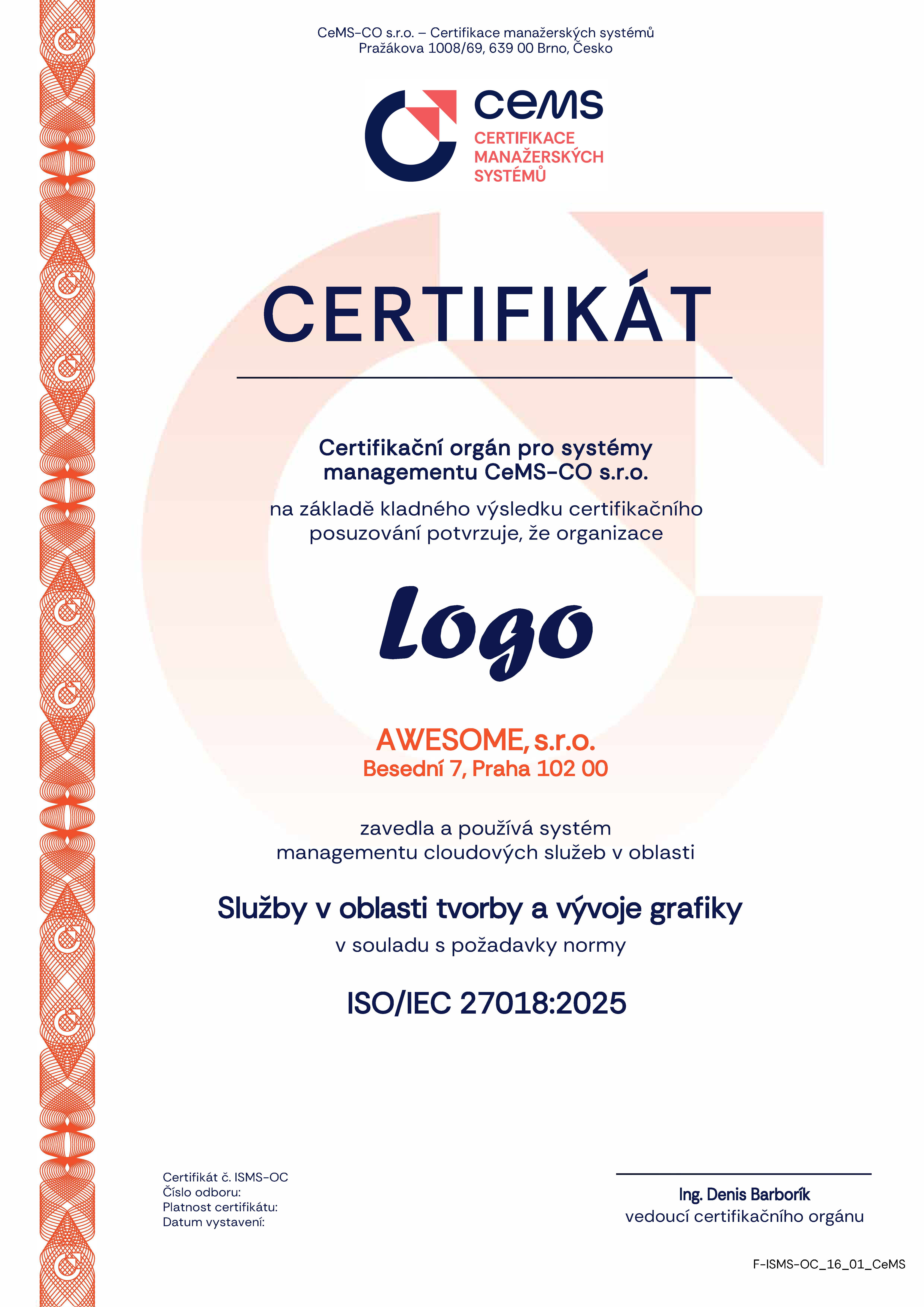 vzor certifikátu ISO 27018 od CeMS