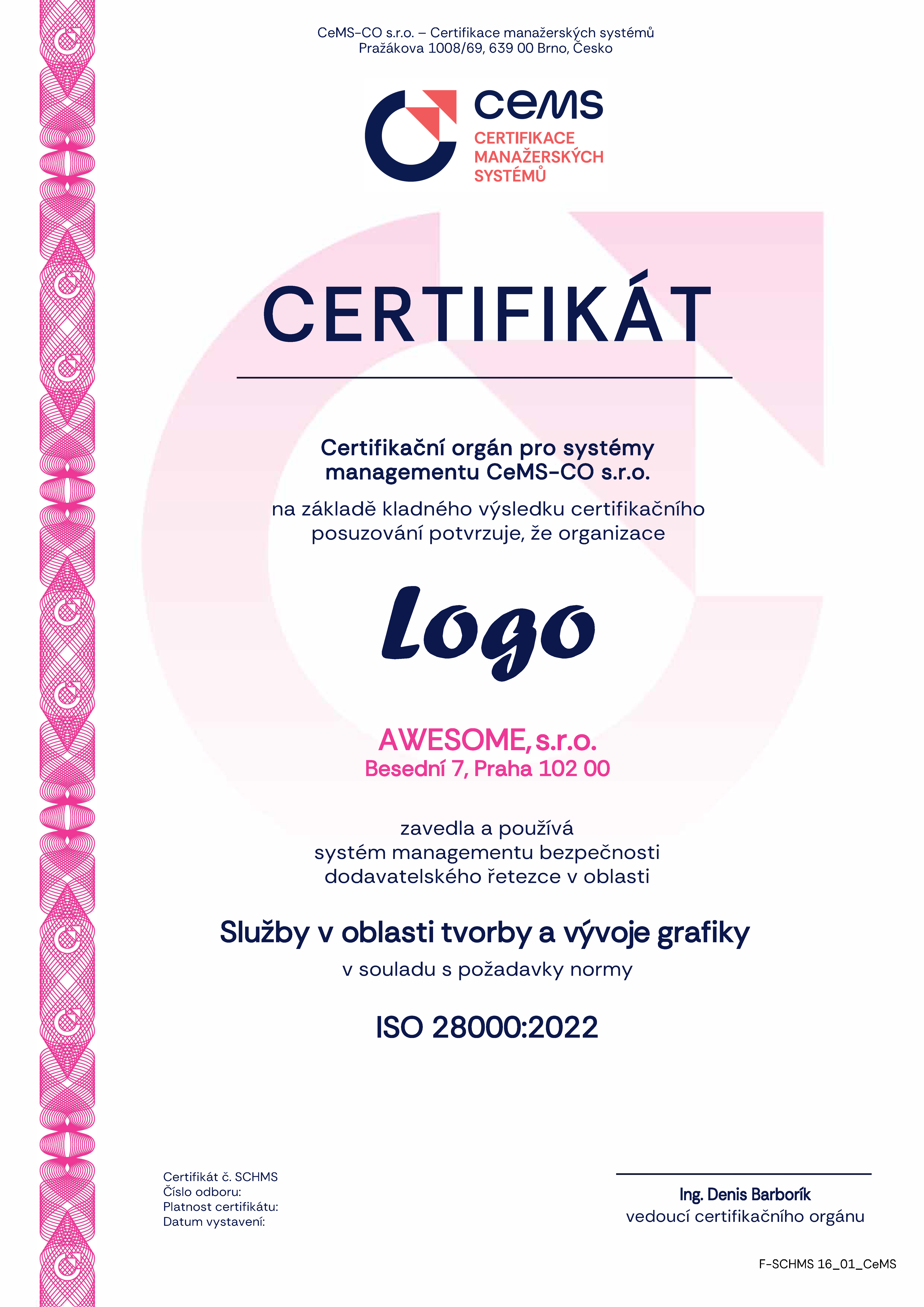 vzor certifikátu ISO 28000 od CeMS