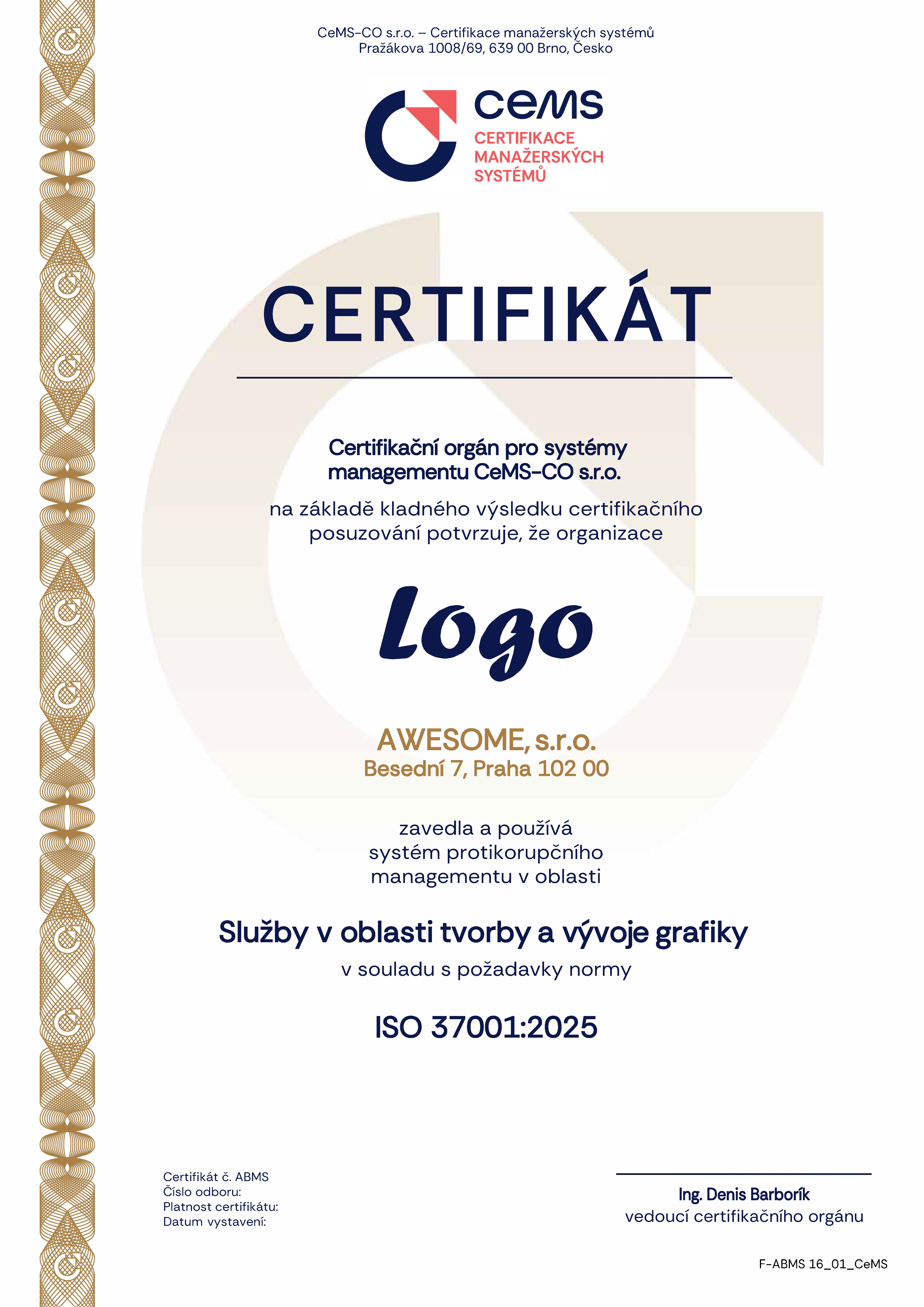 vzor certifikátu ISO 37001 od CeMS
