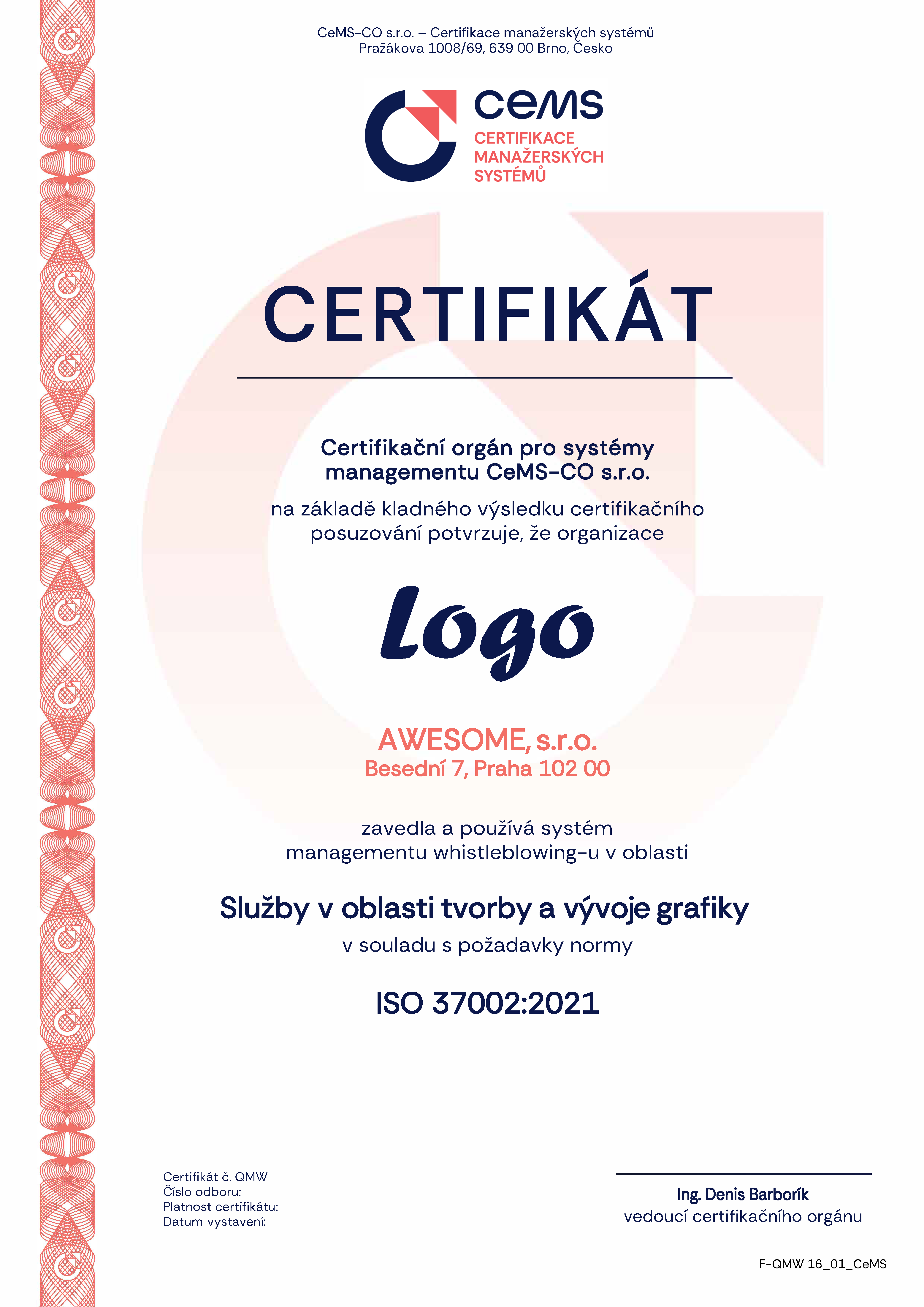 vzor certifikátu ISO 37002 od CeMS
