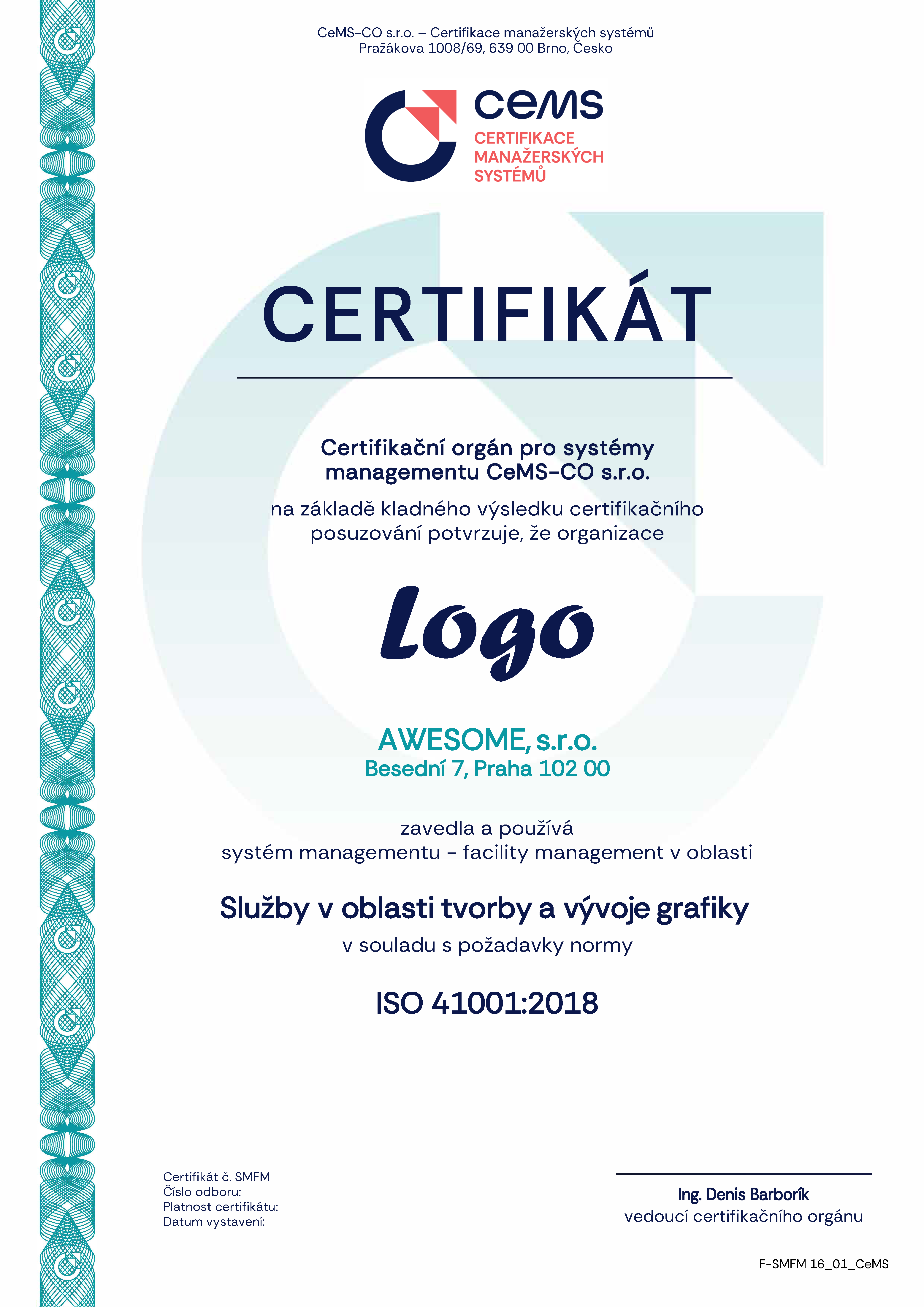 vzor certifikátu ISO 41001 od CeMS