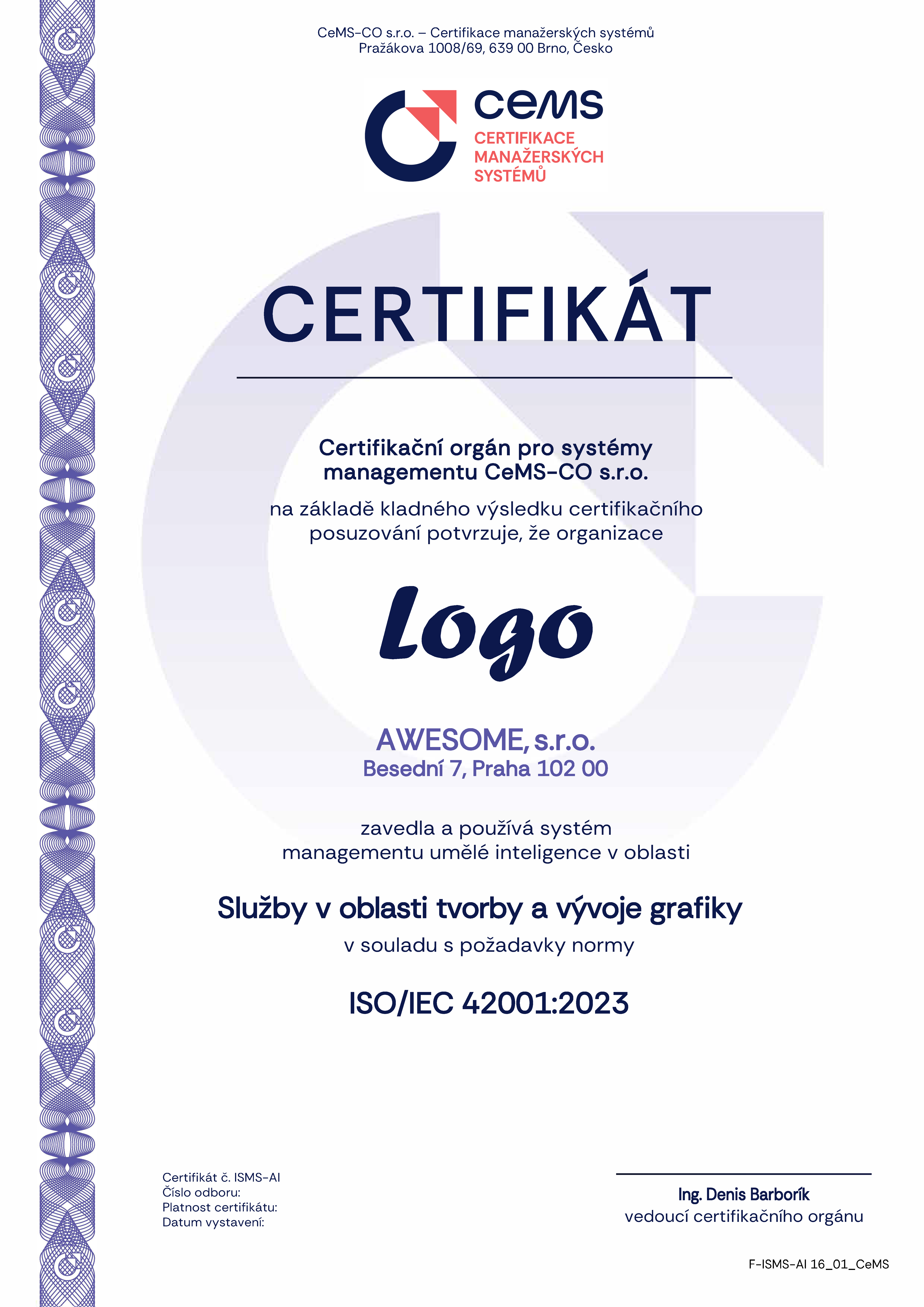 vzor certifikátu ISO 42001 od CeMS