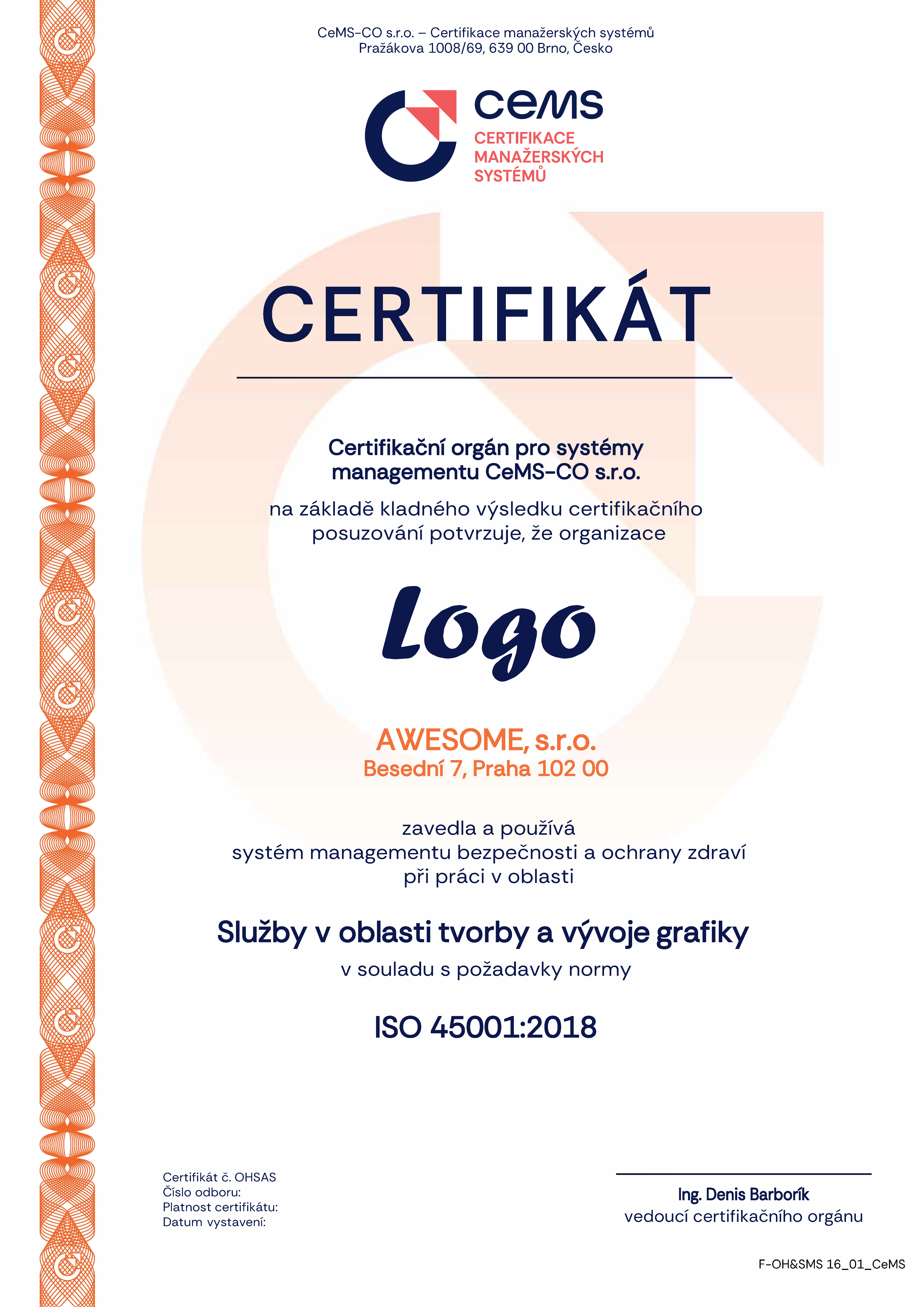 vzor certifikátu ISO 45001 od CeMS
