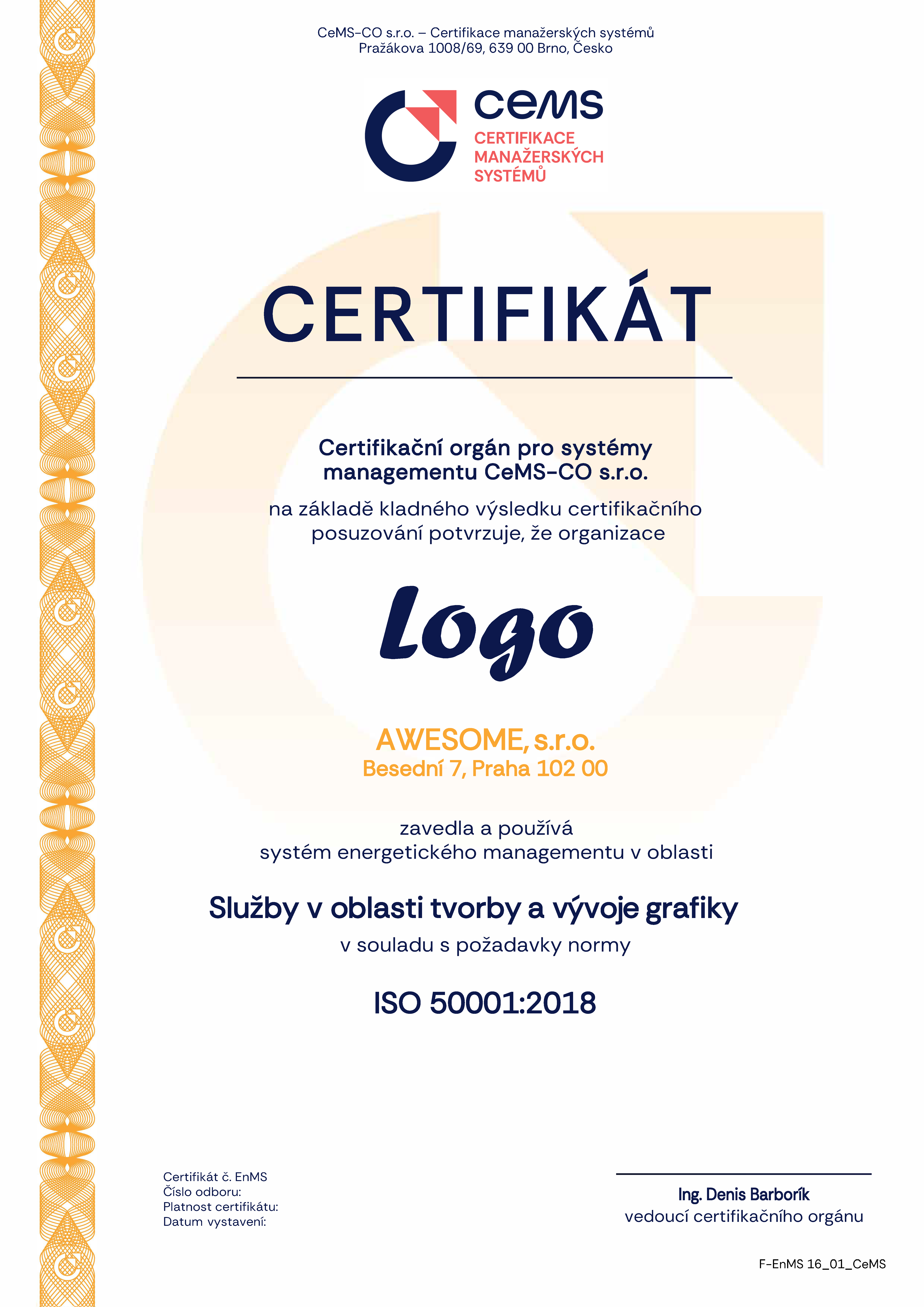 vzor certifikátu ISO 50001 od CeMS
