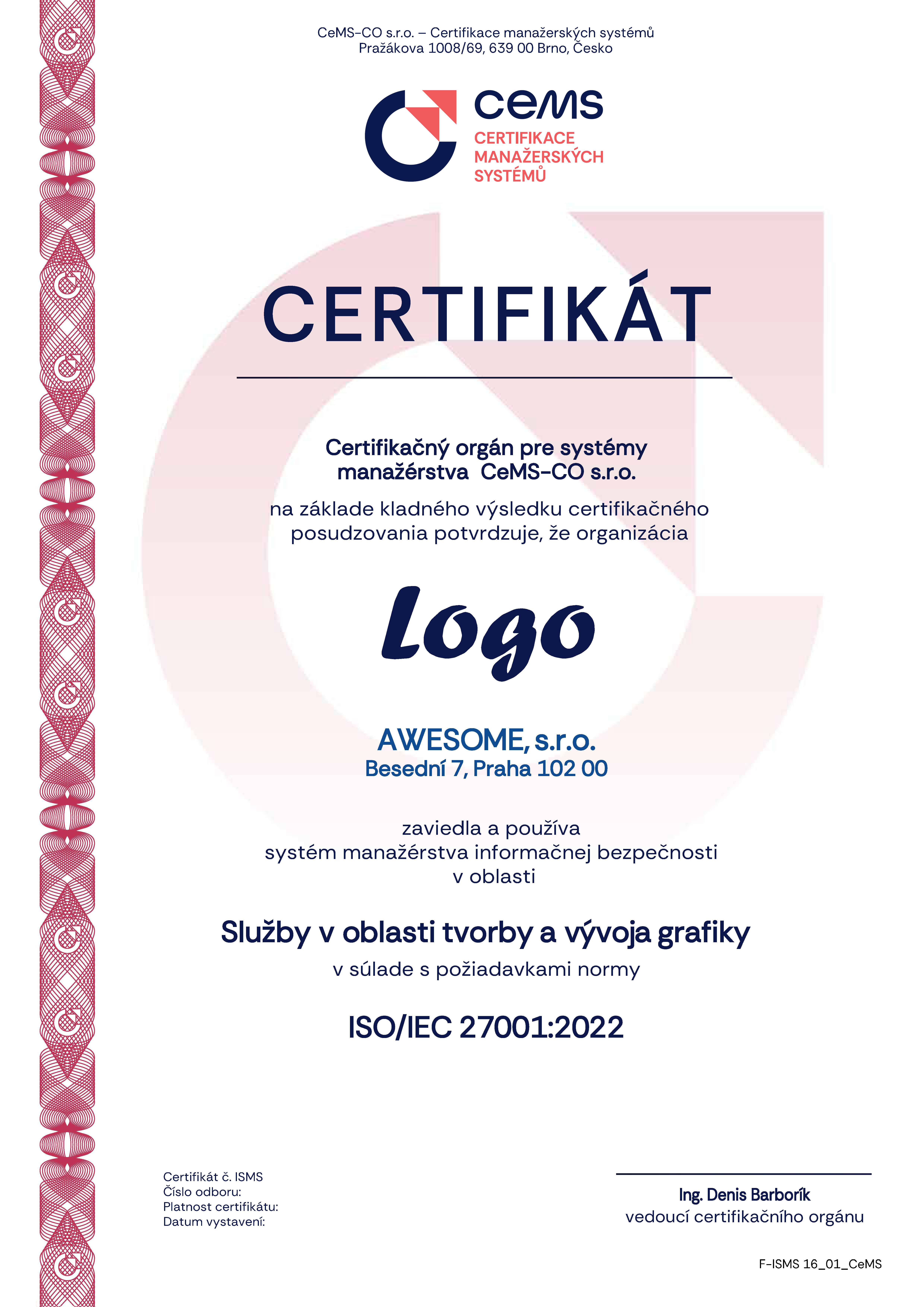 vzor certifikátu ISO 27001 od CeMS