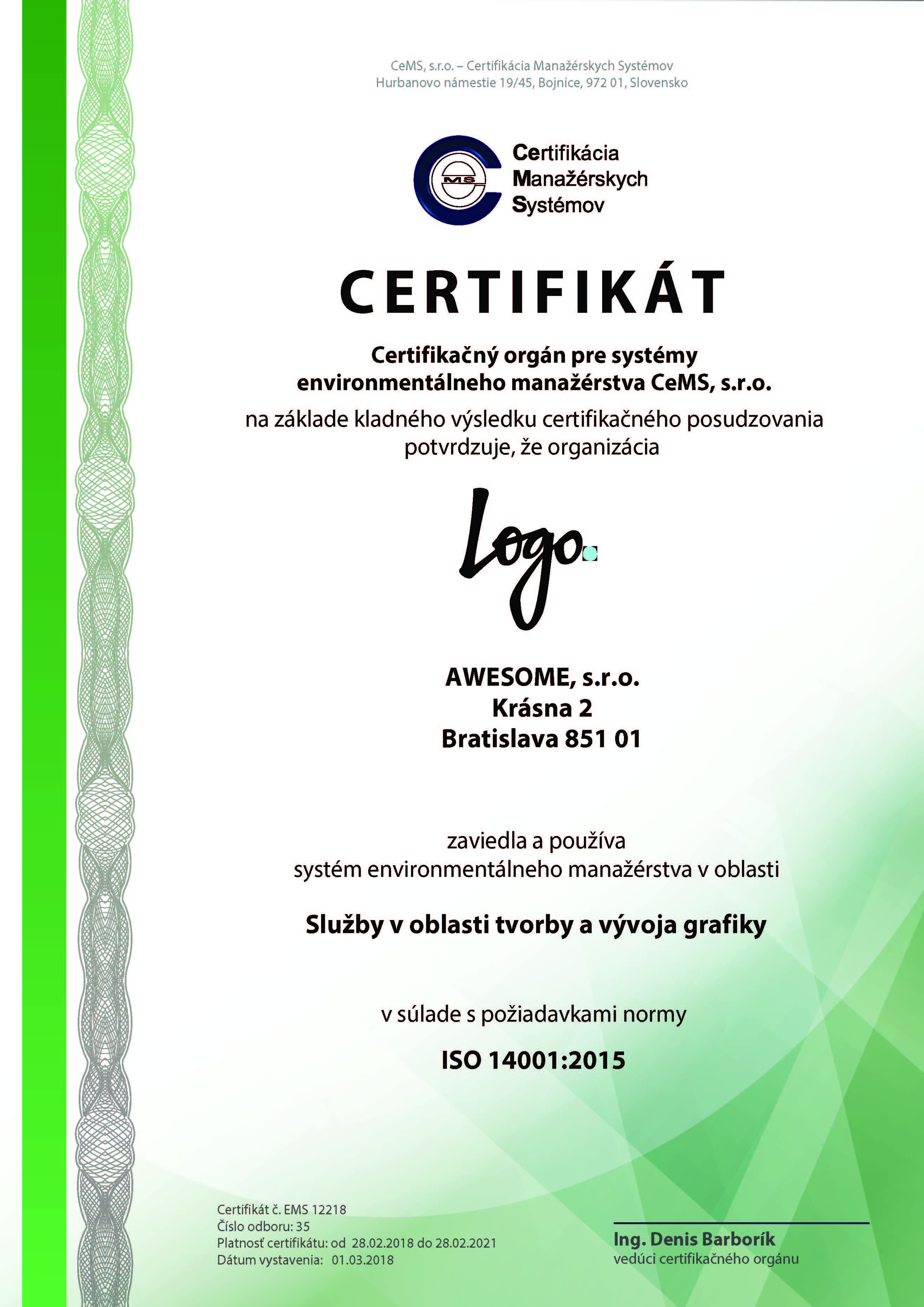 vzor certifikátu ISO 14001 od CeMS