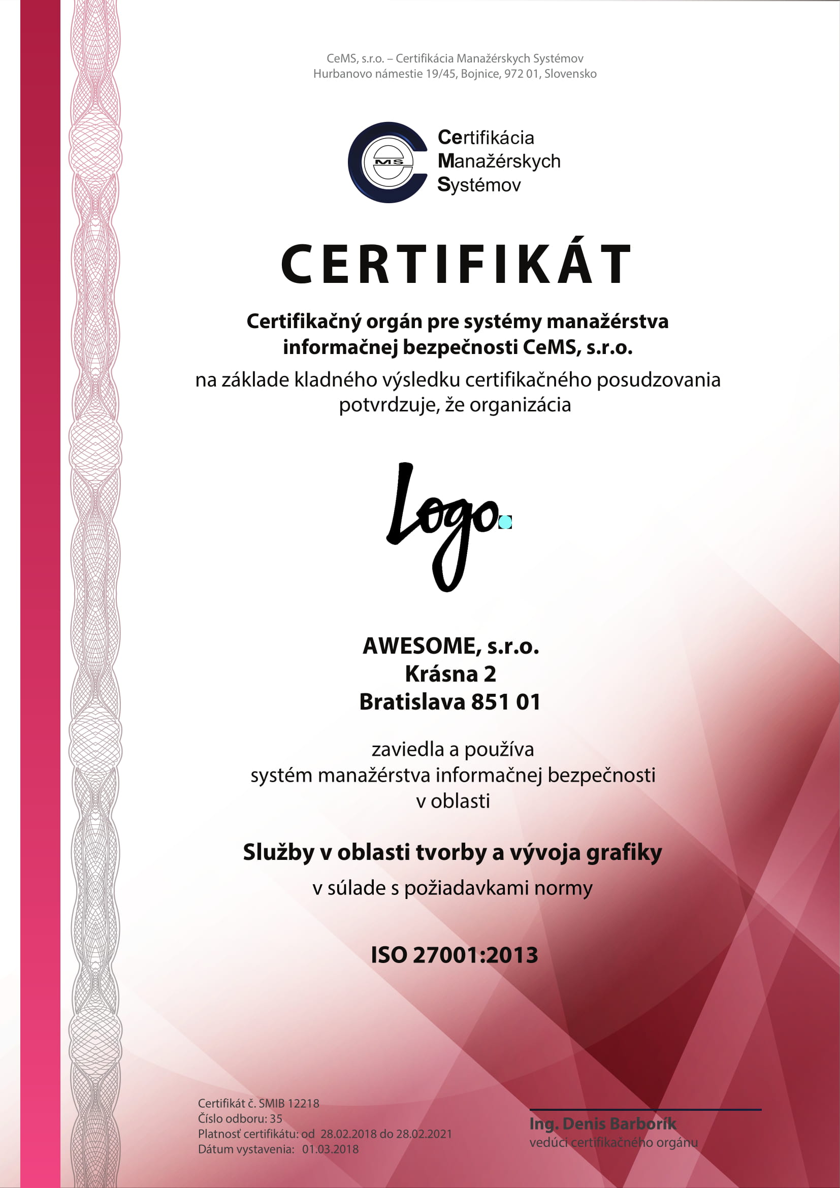vzor certifikátu ISO 27001 od CeMS