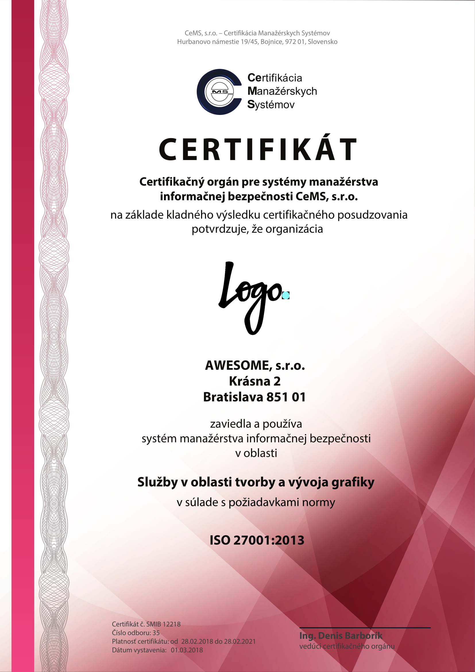 vzor certifikátu ISO 27001 od CeMS