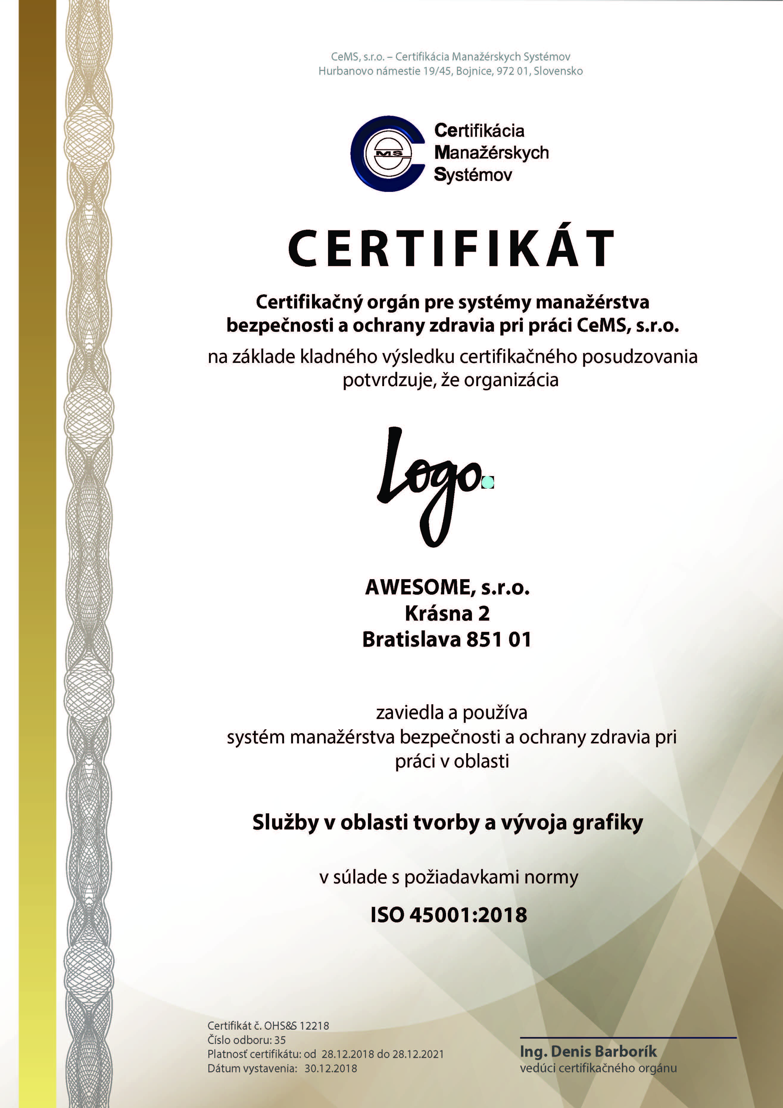 vzor certifikátu ISO 9001 od CeMS