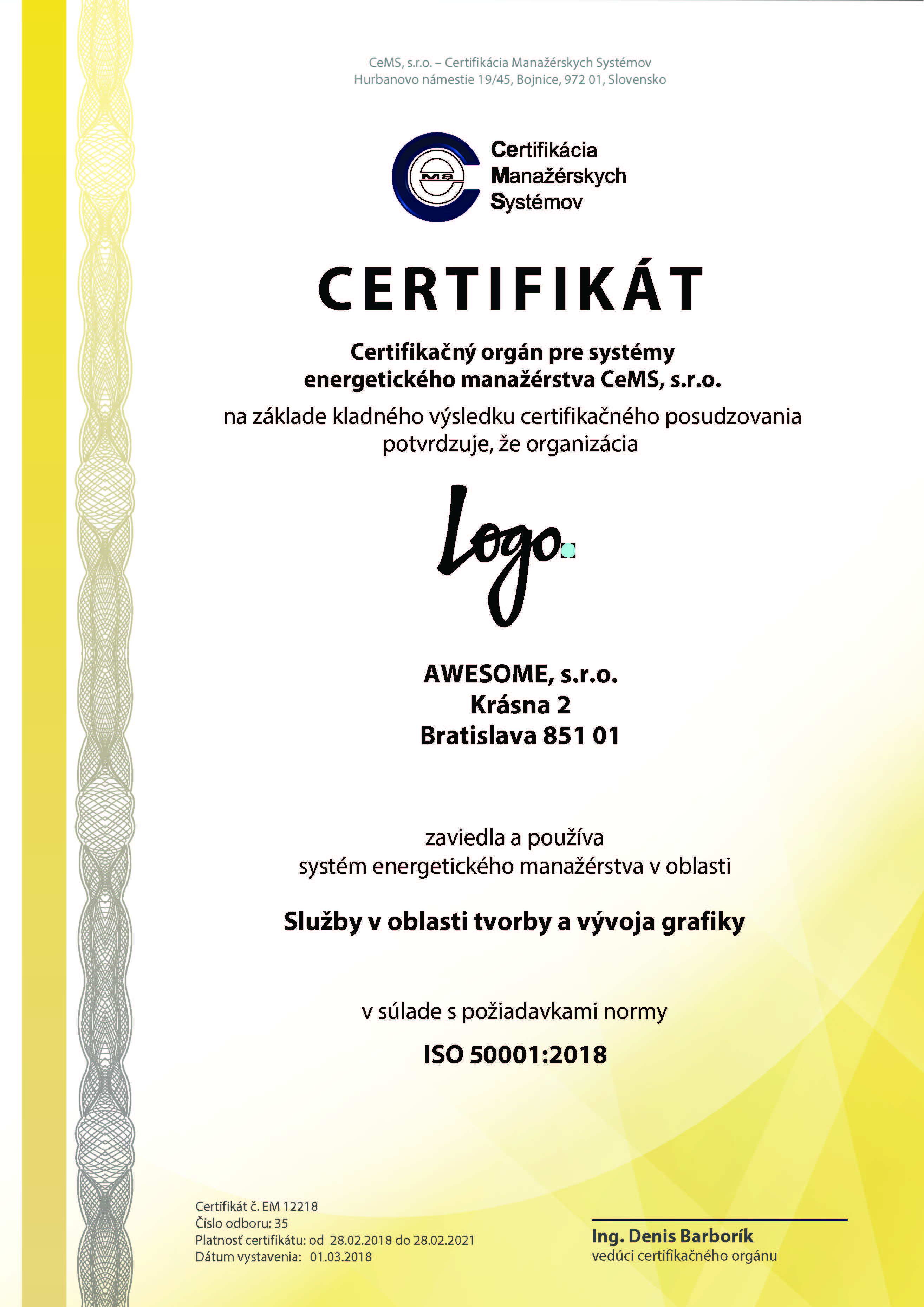 vzor certifikátu ISO 50001 od CeMS