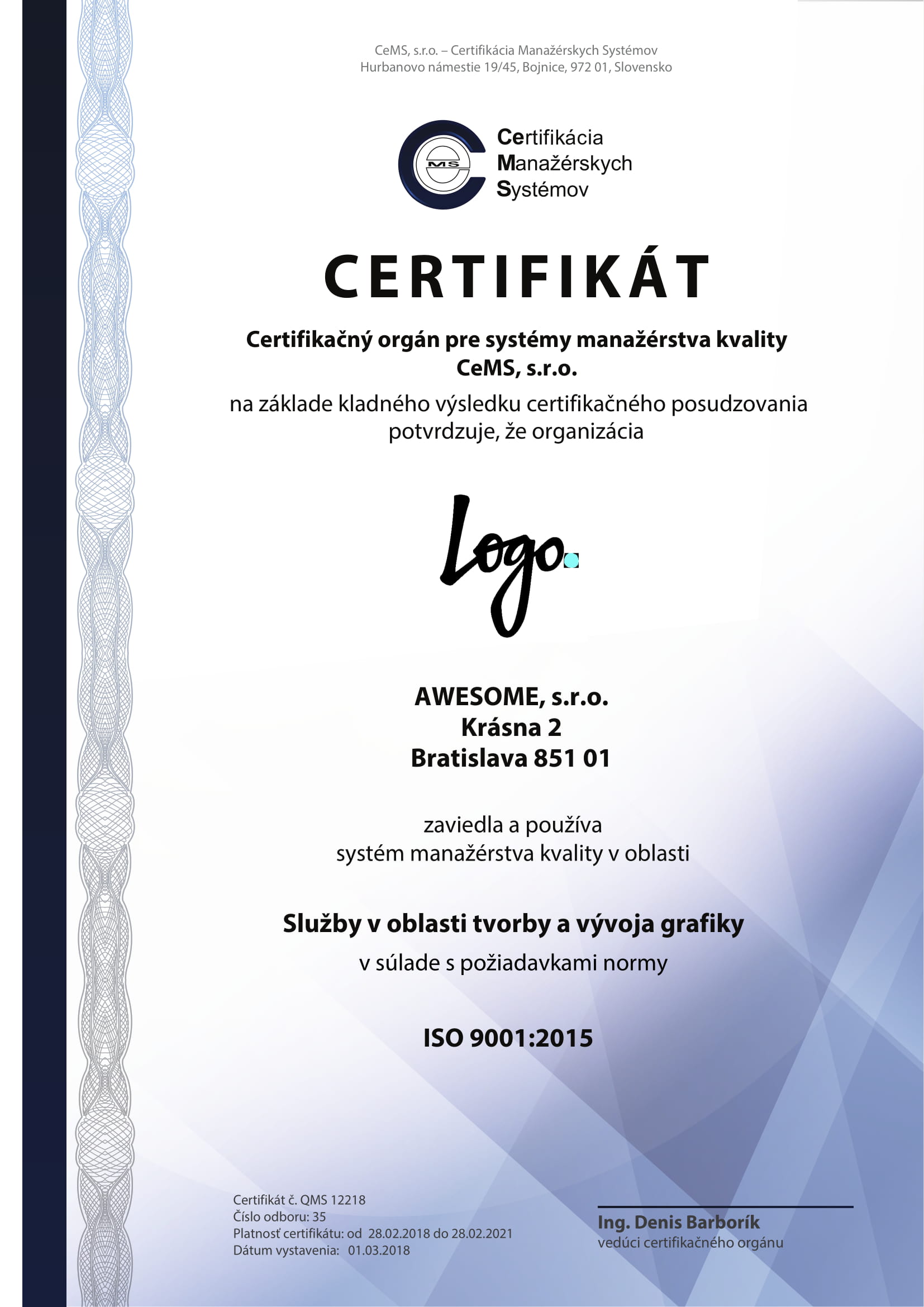 vzor certifikátu ISO 9001 od CeMS