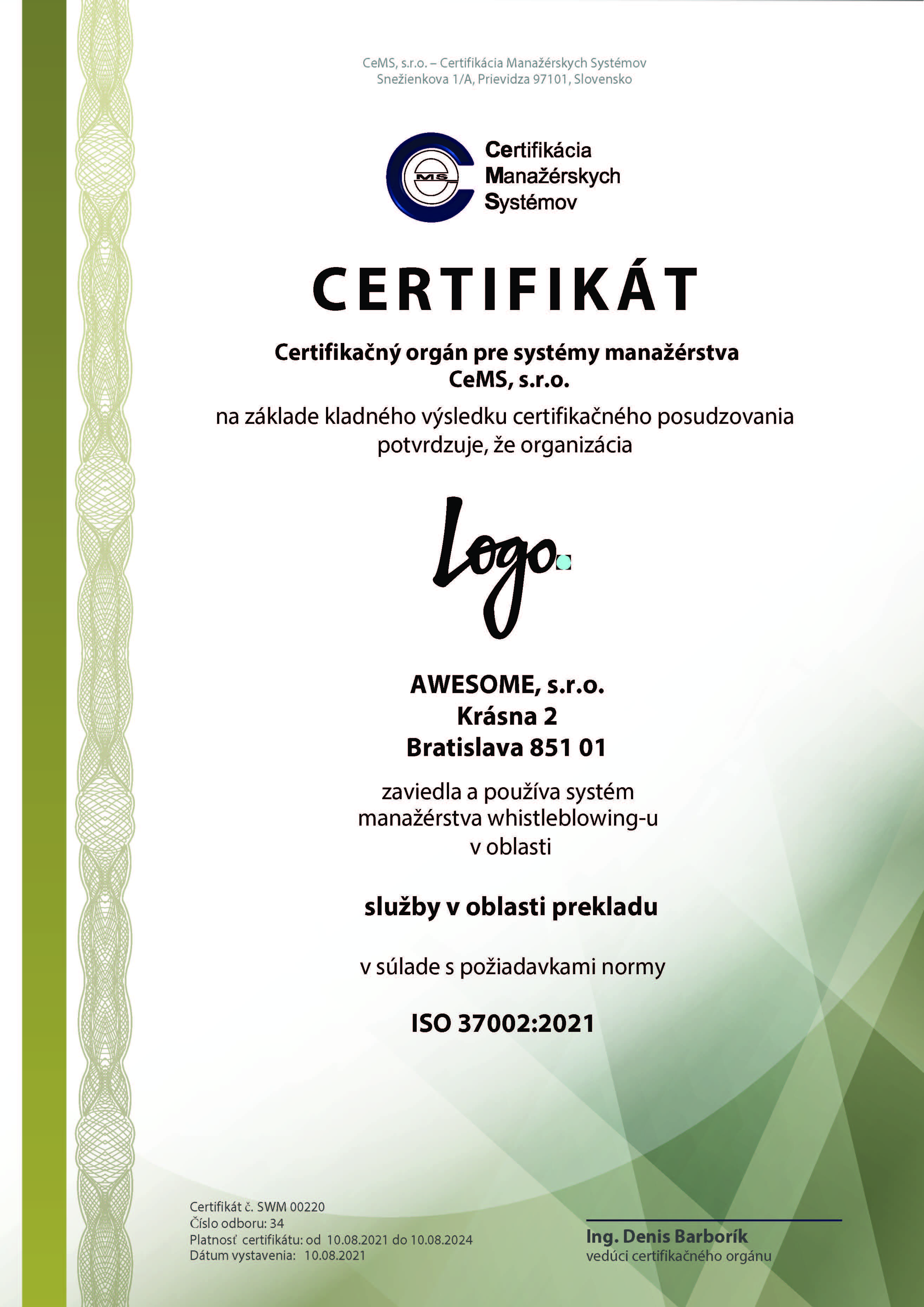 vzor certifikátu ISO 37002 od CeMS-CO s.r.o.